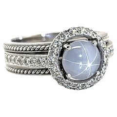 Star Sapphire Round Cabochon & Diamond Halo 18k White Gold Engagement Band Ring