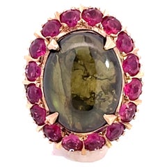 Star Sapphire Ruby Halo Ring in 18k Yellow Gold