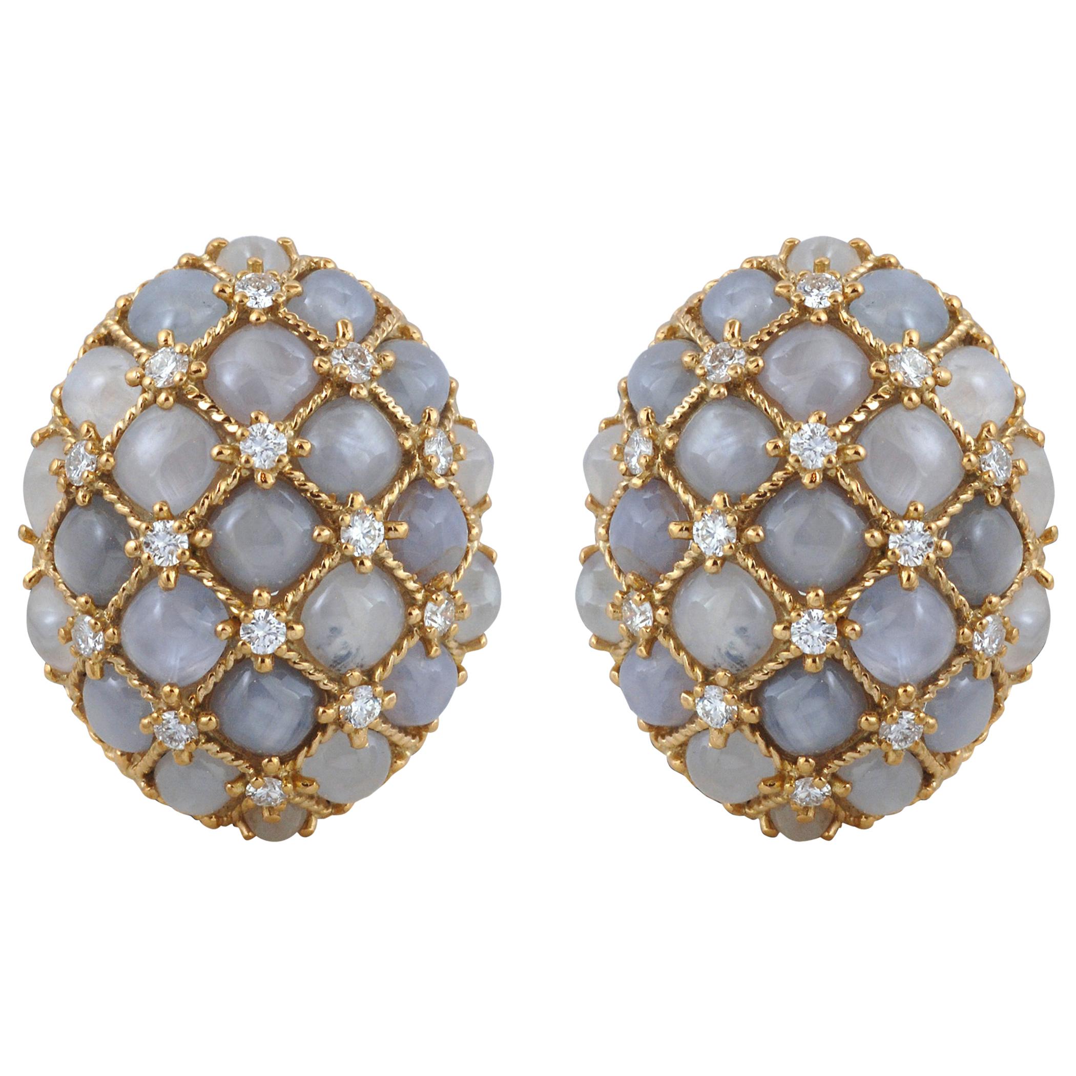 Star Sapphire mit Diamant-Ohrringen aus 18 Karat Gelbgold
