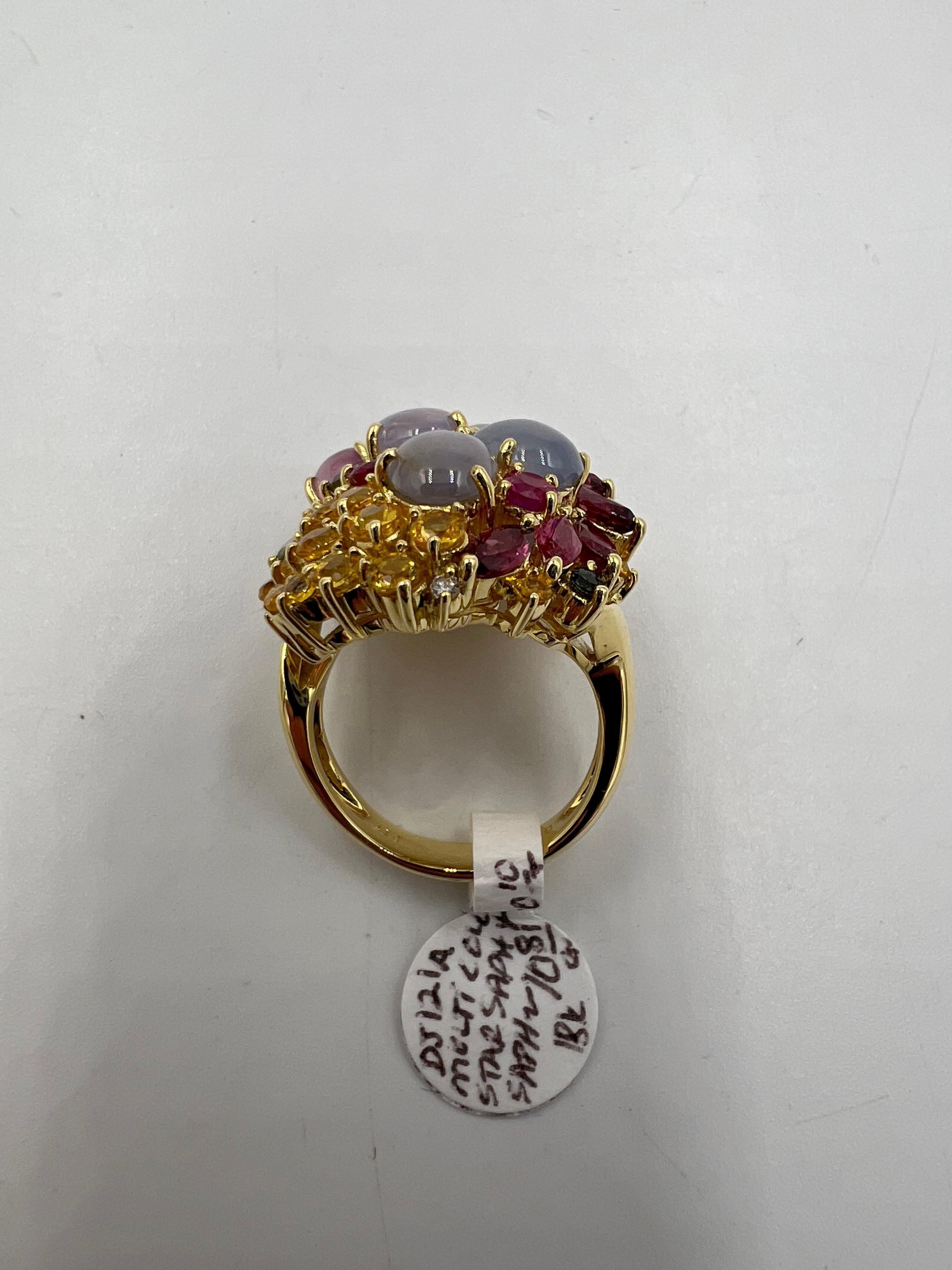 Bague cocktail en or jaune avec saphirs étoilés et saphirs multicolores et diamants en vente 10