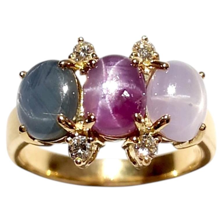 Star Sapphires with Diamond Ring set in 18K Gold Settings For Sale