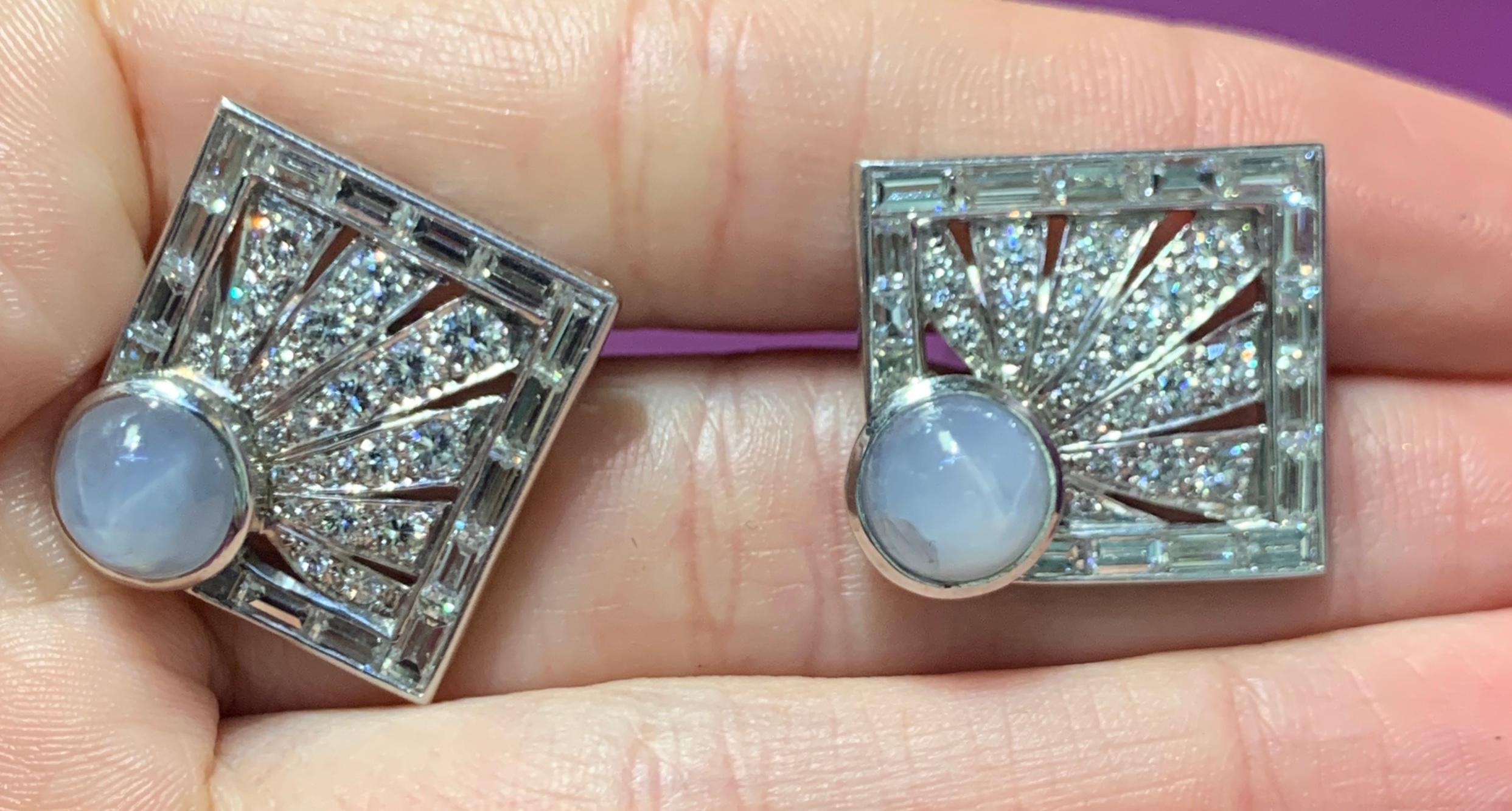 Star Sapphire & Diamond Square Cufflinks
44 round cut diamonds 
32 baguette cut diamonds 
2 star sapphires
Measurements: .75