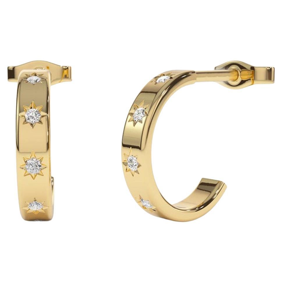 Star Setting Diamond Earring / 14k Gold Diamond Hoop Earrings / Minimal Earrings For Sale