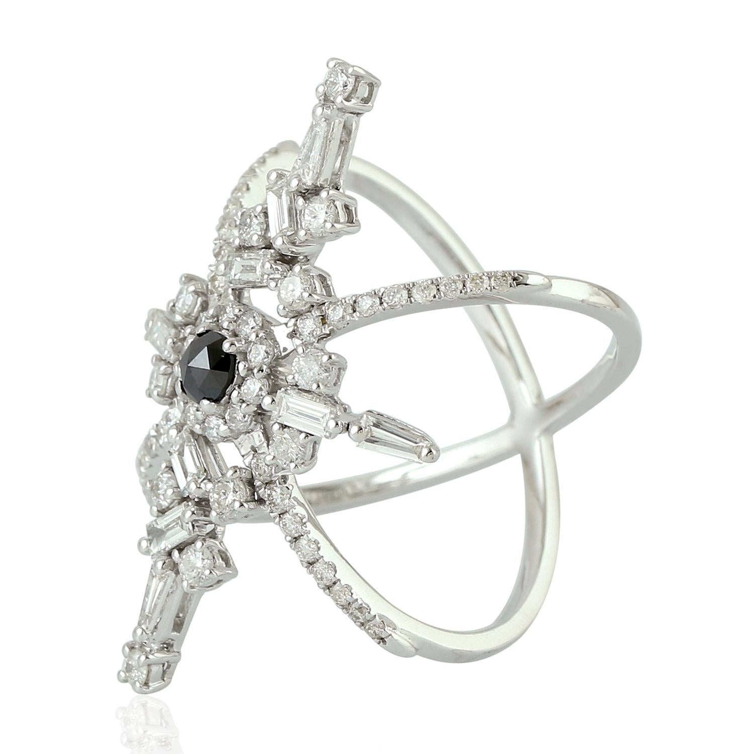 Modern Star Shape Baguette Ring with Black Diamond in Center Enclosed by Pave Diamonds For Sale