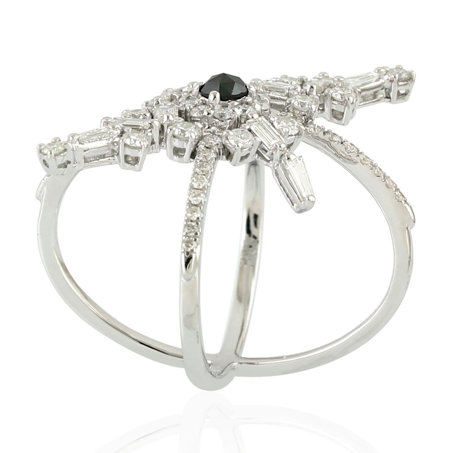 Mixed Cut Star Shape Baguette Ring with Black Diamond in Center Enclosed by Pave Diamonds For Sale