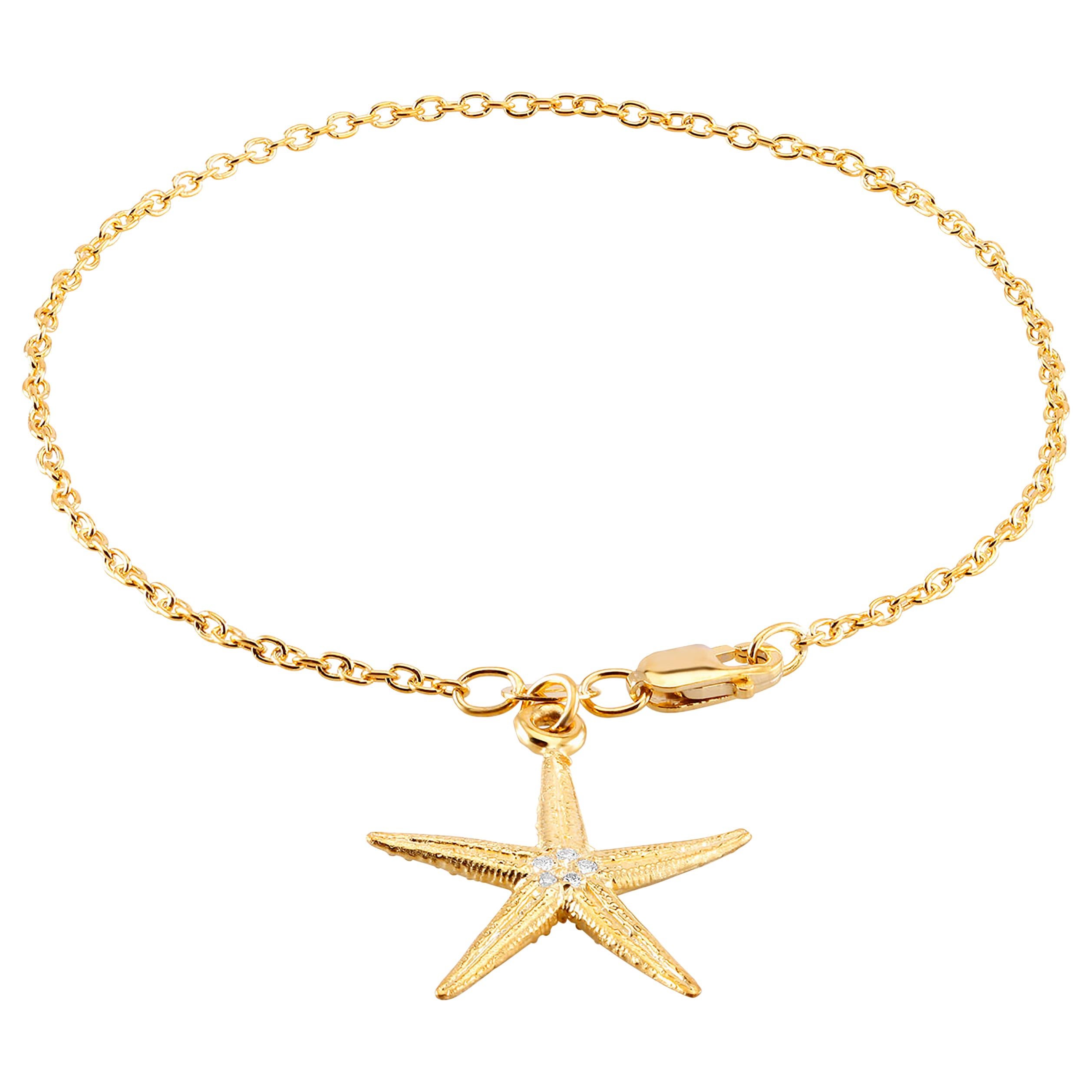 Star Shape Diamond Charm Yellow Gold Plated Silver Bracelet