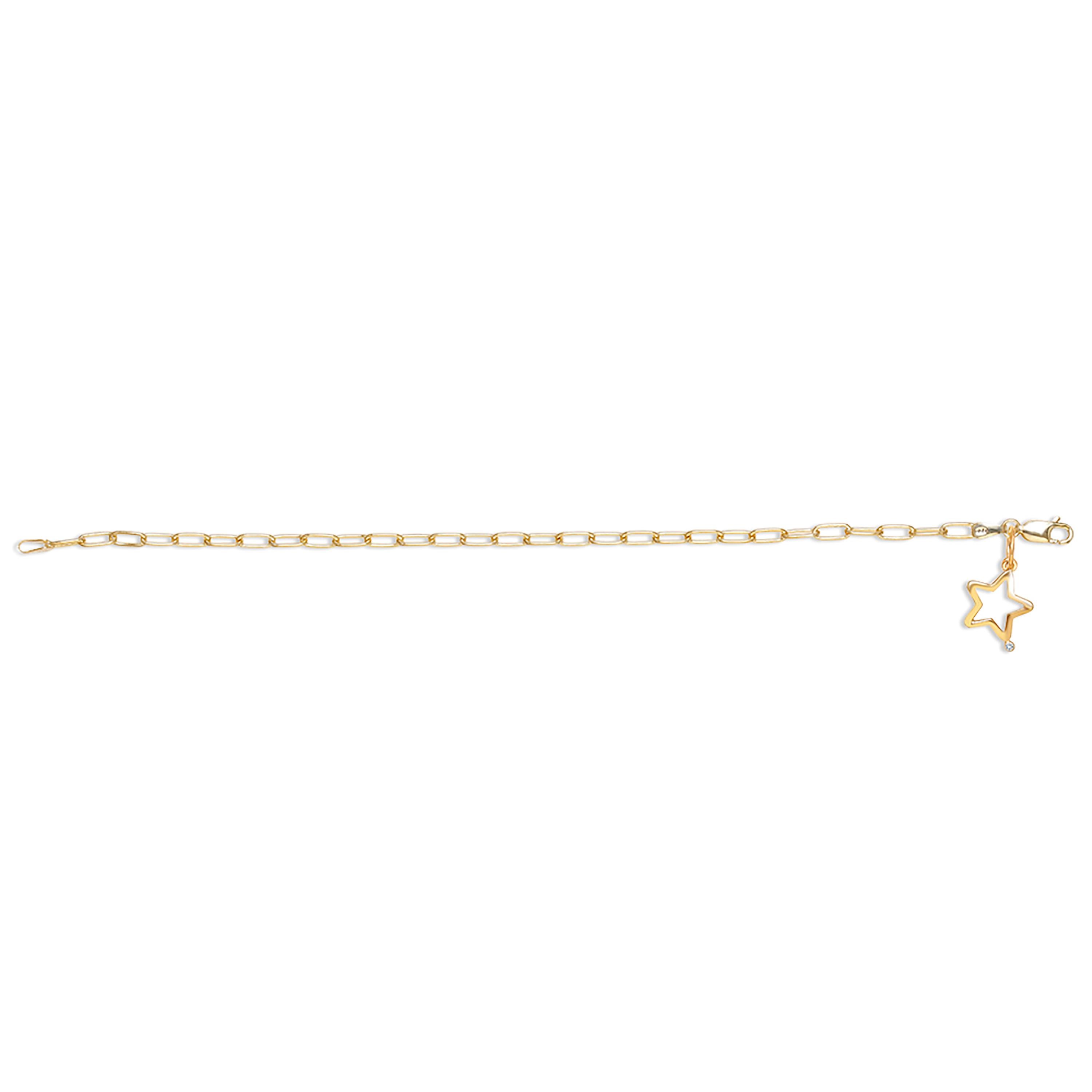 Sterling Silver paper clip link bracelet 
Star shape with genuine diamond charm 
Lobster claw clasp
One diamond weighing 0.02 carat 
Bracelet seven inches long 
New bracelet
Yellow gold plated 
