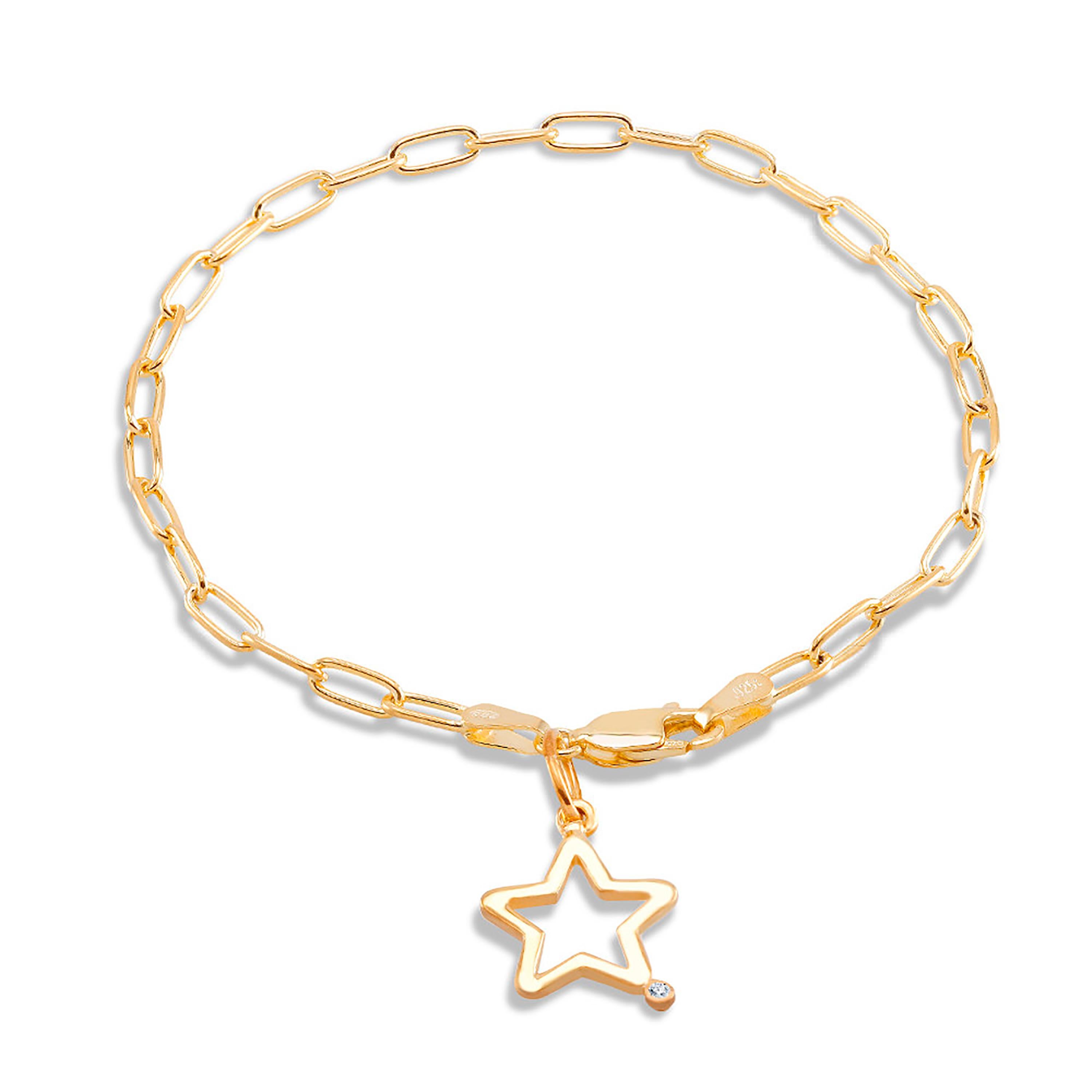 Modern Star Shape Diamond Charm Yellow Gold-Plated Silver Paper Clip Bracelet