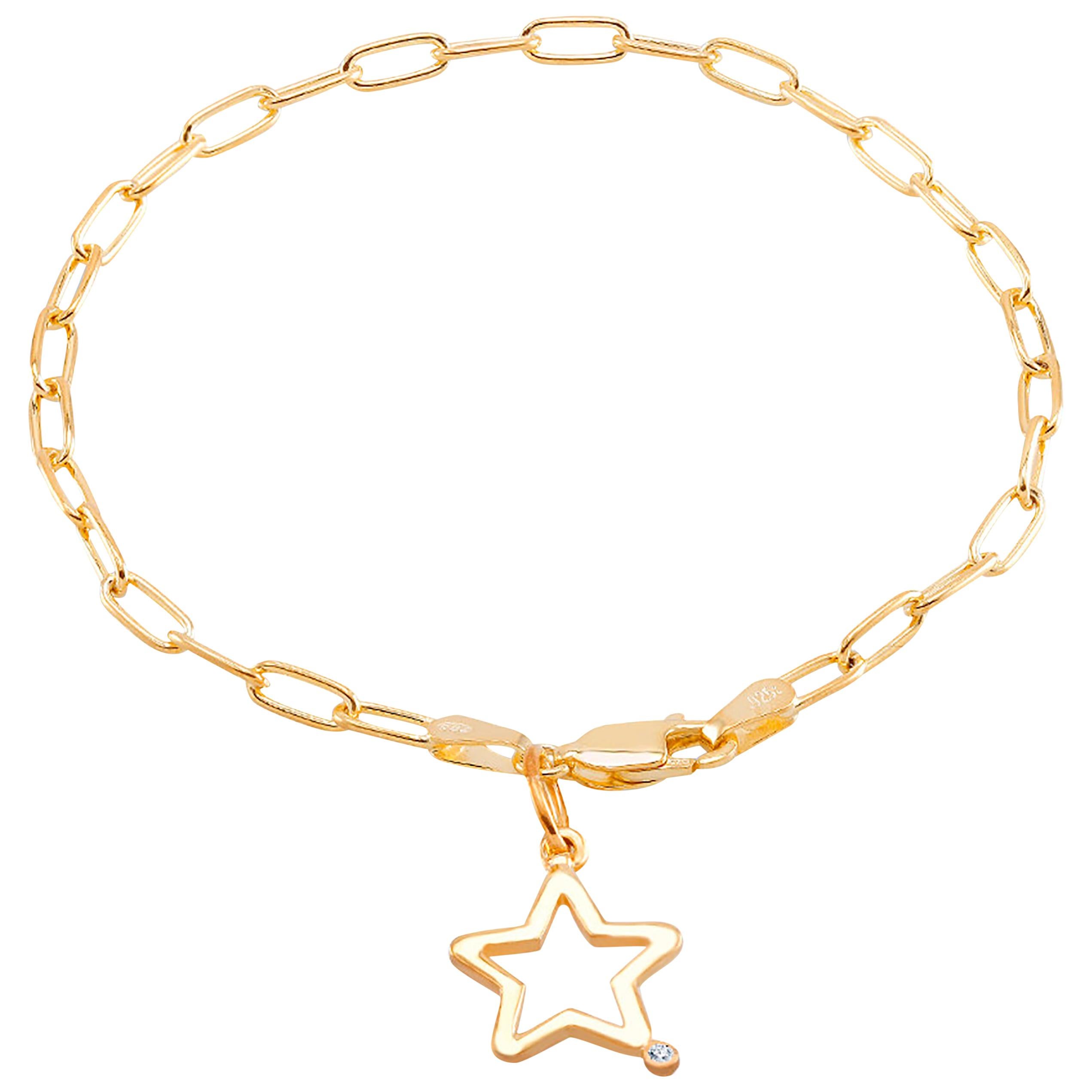 Star Shape Diamond Charm Yellow Gold-Plated Silver Paper Clip Bracelet