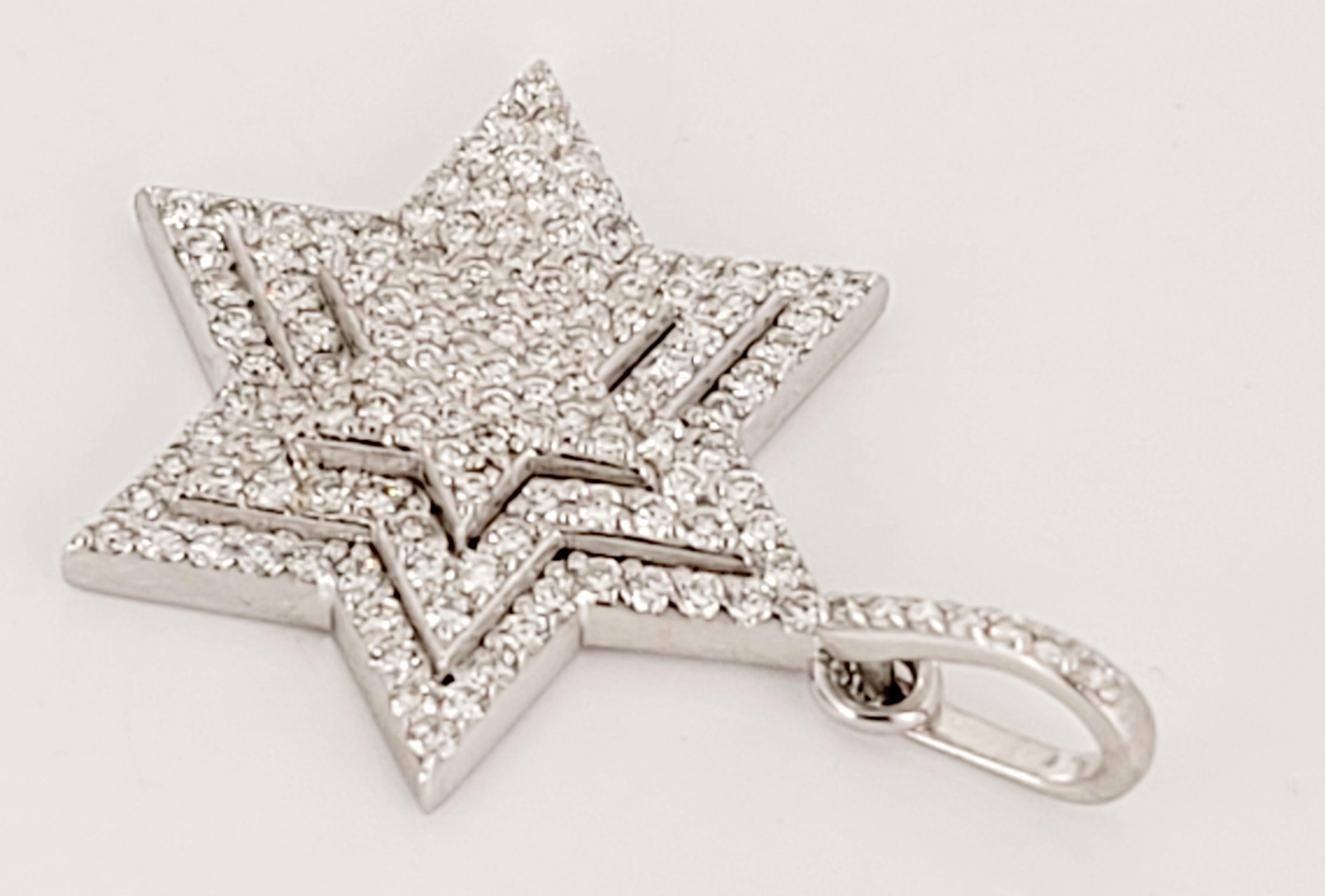 Round Cut Star Shape  Pendant in 14 k white Gold  with Diamonds For Sale