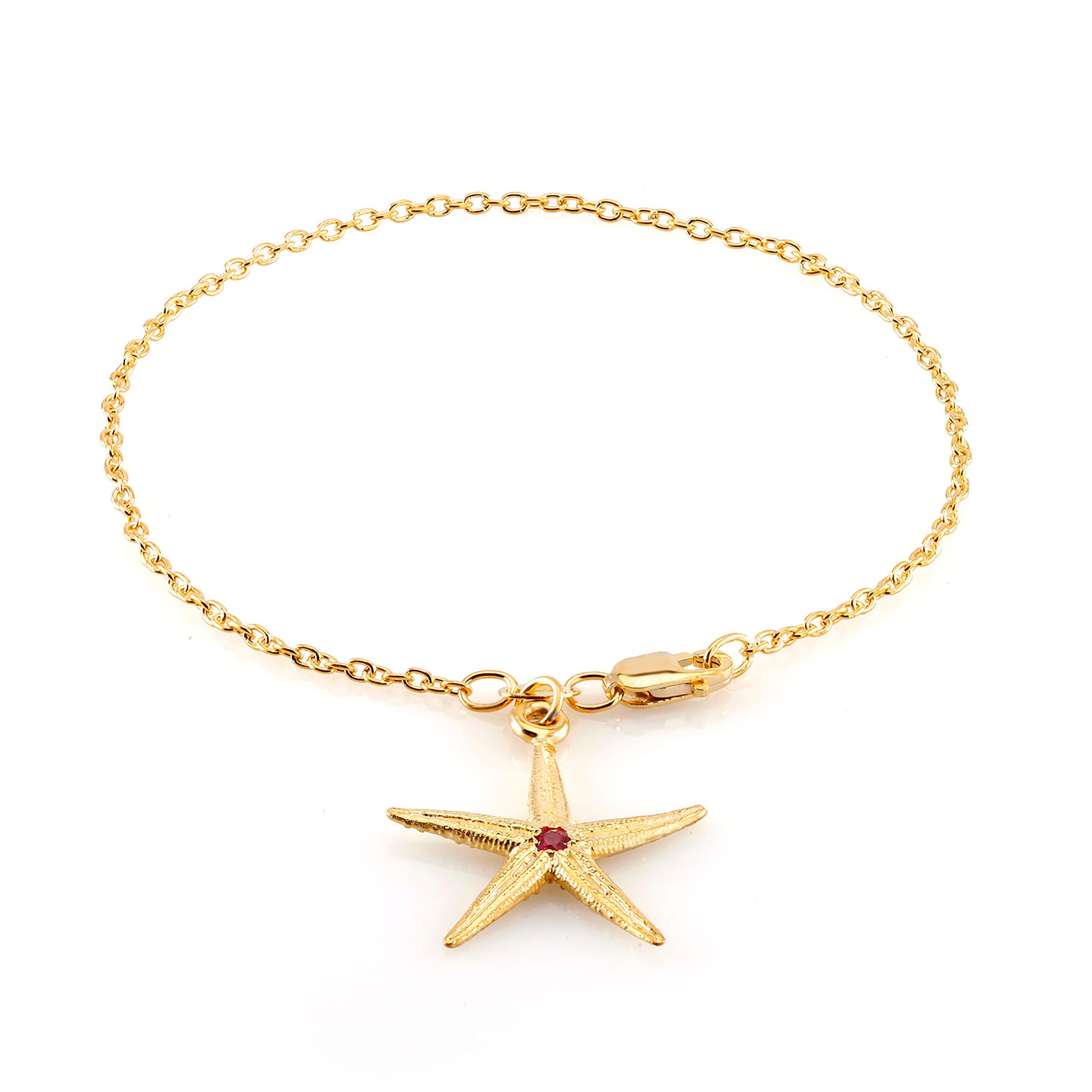 Round Cut Star Shape Pave set Ruby Yellow Gold Plated Silver Charm Bracelet 