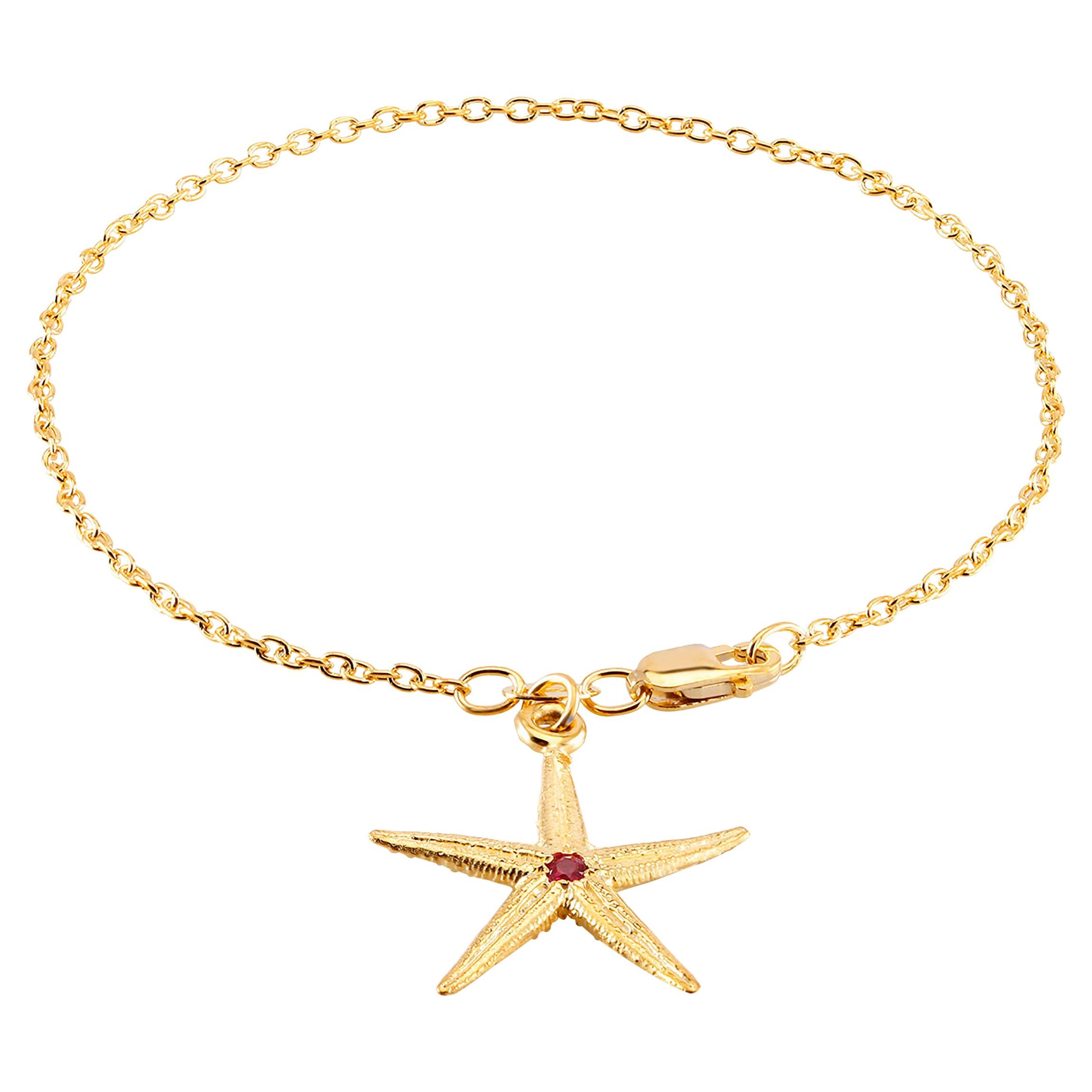 Star Shape Pave set Ruby Yellow Gold Plated Silver Charm Bracelet 