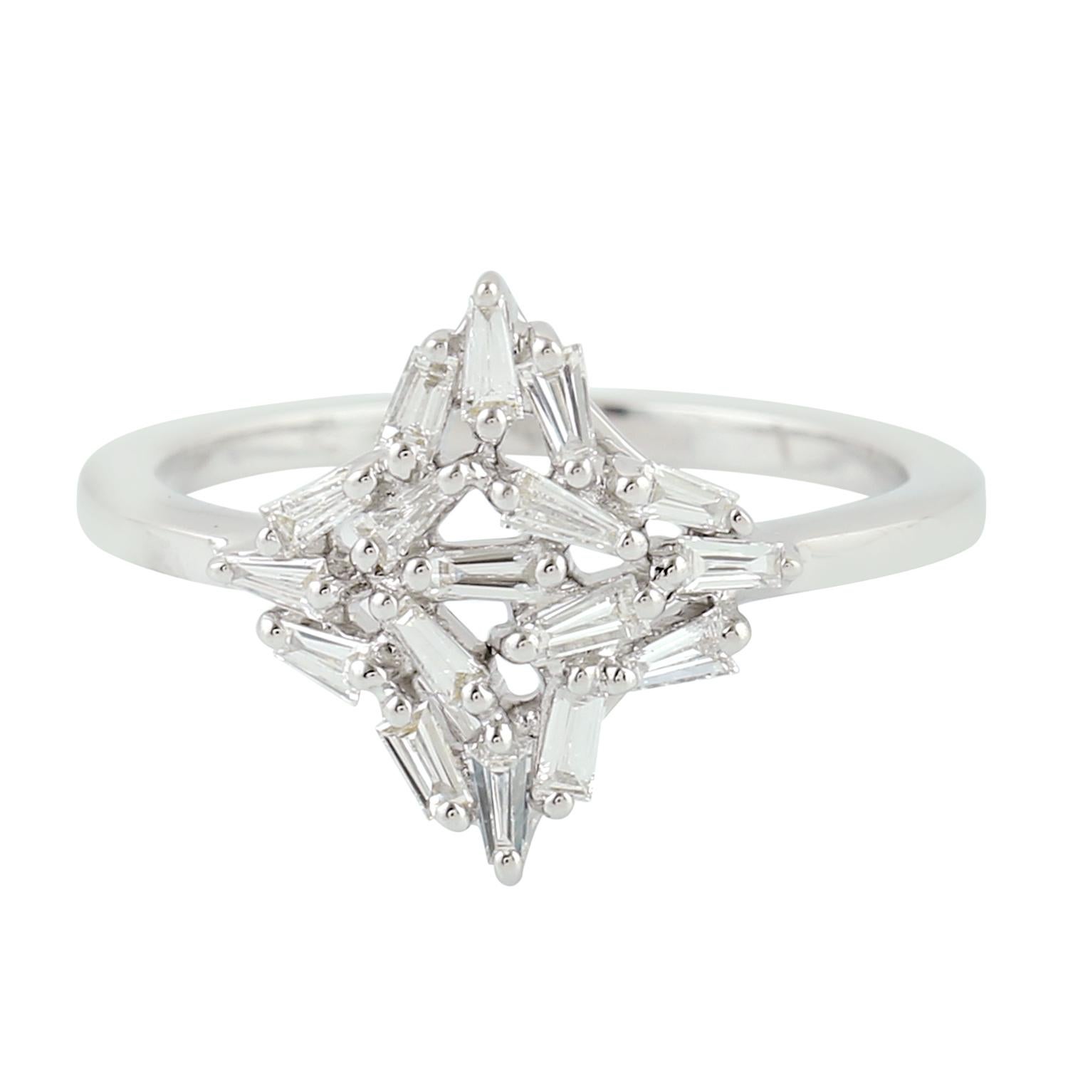 Women's Star Shaped Baguette Diamond Ring Made In 18k White Gold For Sale