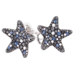 Star Shaped Diamond and Sapphire Earrings in 18 Karat White Gold