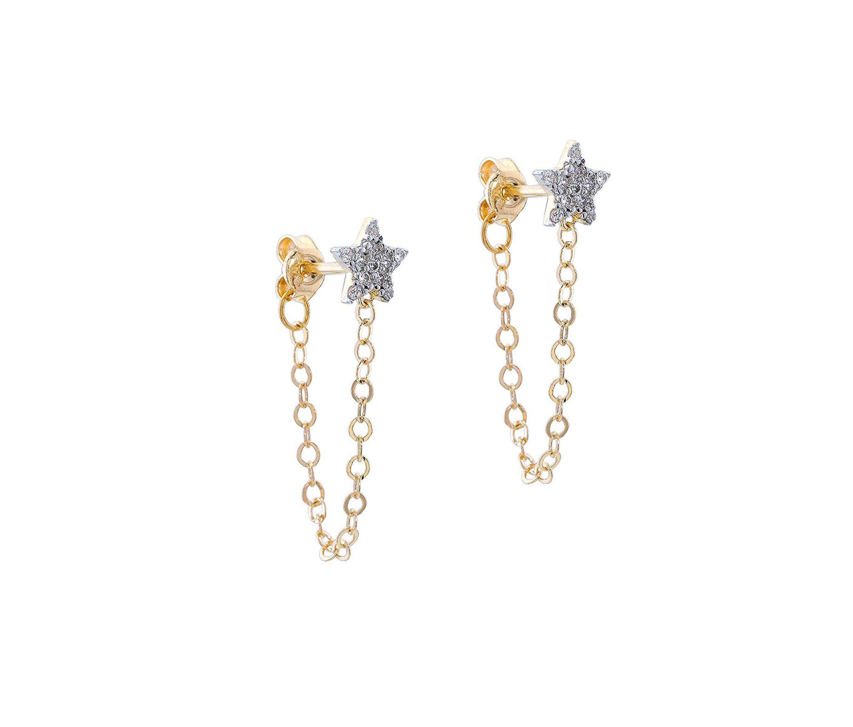  Star shaped earrings studs with 14k gold chain. Dainty star chain earrings. 14 karat yellow gold chain earrings. Minimalist Earrings. Gold Drop Earrings. Simple Chain Earrings.

Total weight: 1.15 g.
14 karat  yellow gold 
Length:  26 mm
Style: