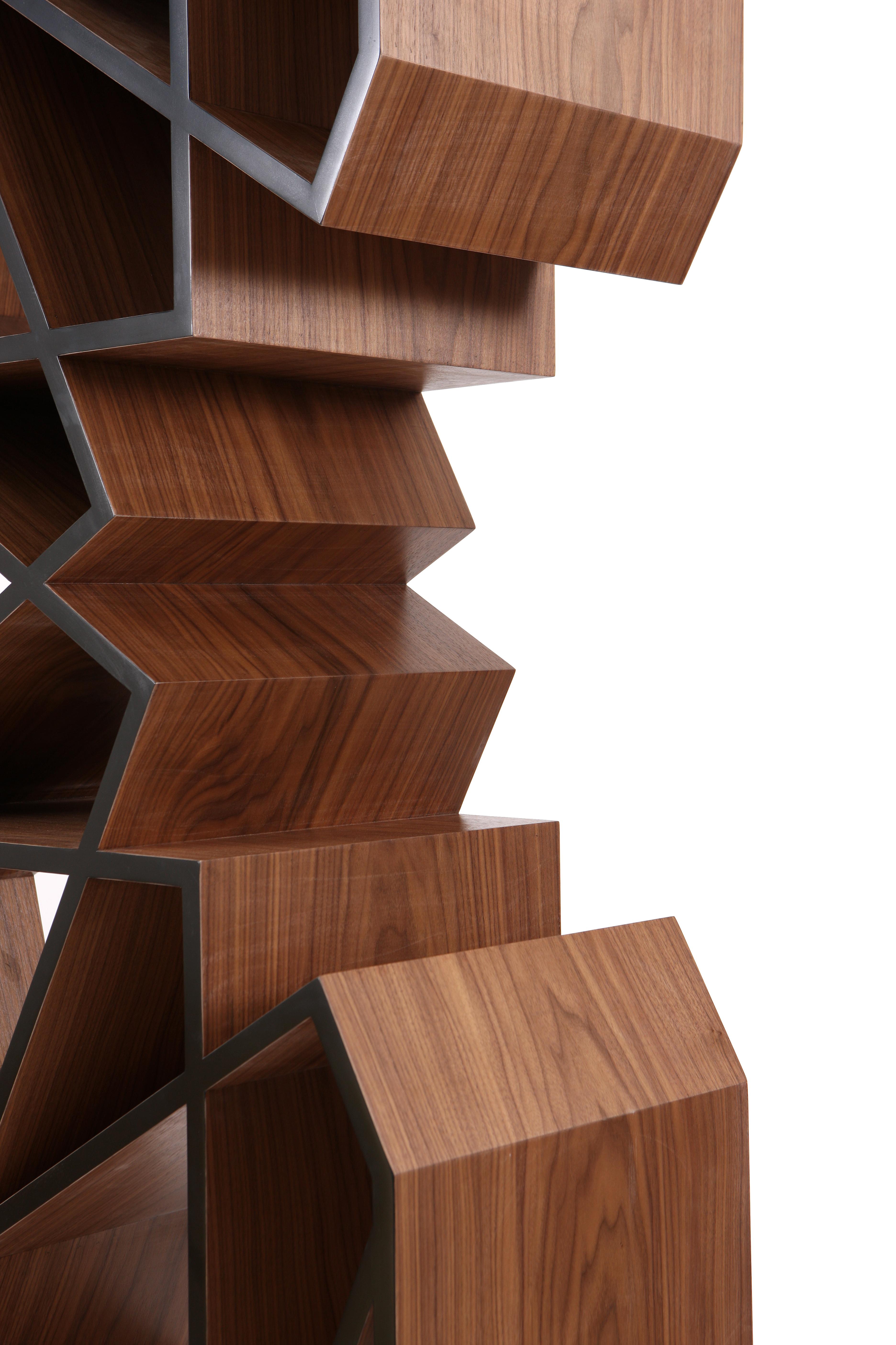 Modern Star Shelf - American walnut geometric bookshelf For Sale