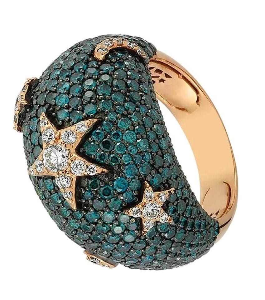 Ball Cut Star Sirius Blue/ White Diamond 18k Gold Ring For Sale