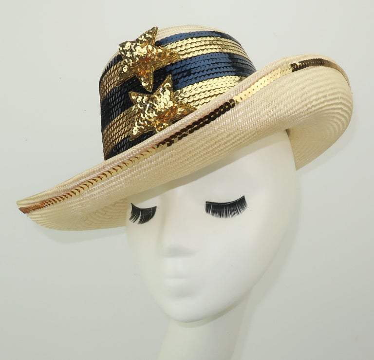 Beige Star Spangled Sequin Straw Hat For Sale