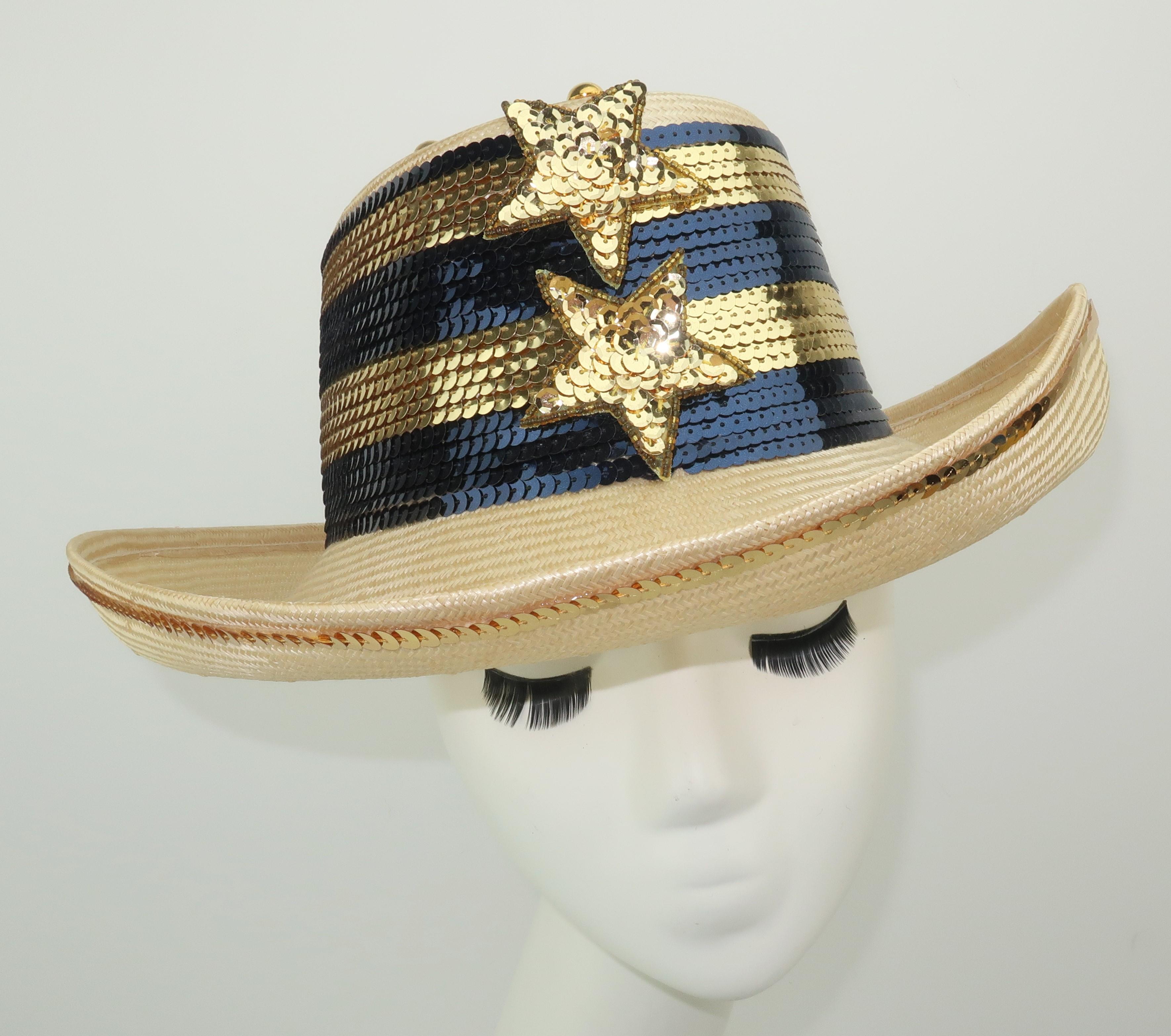 Beige Star Spangled Sequin Straw Hat