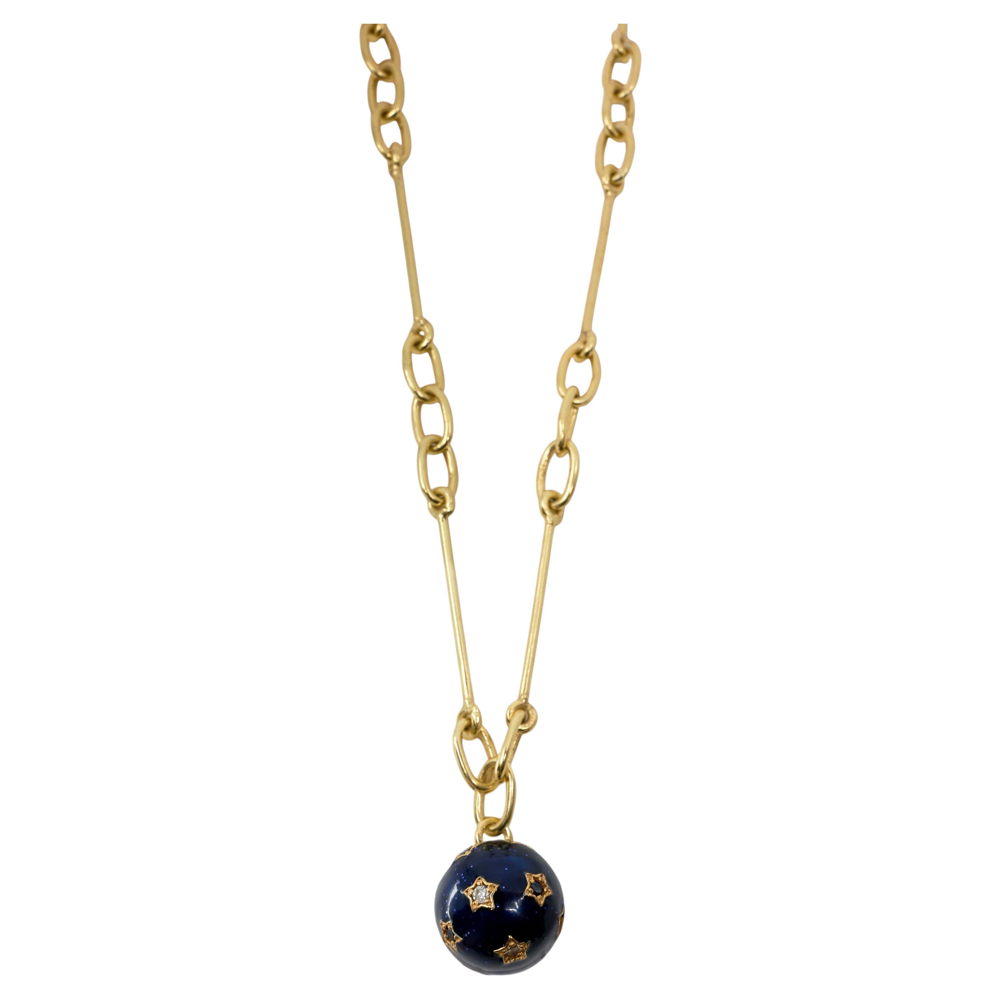 Star Chain Necklace Midnight Blue Enamel Celestial Charm Gold Sphere Orb