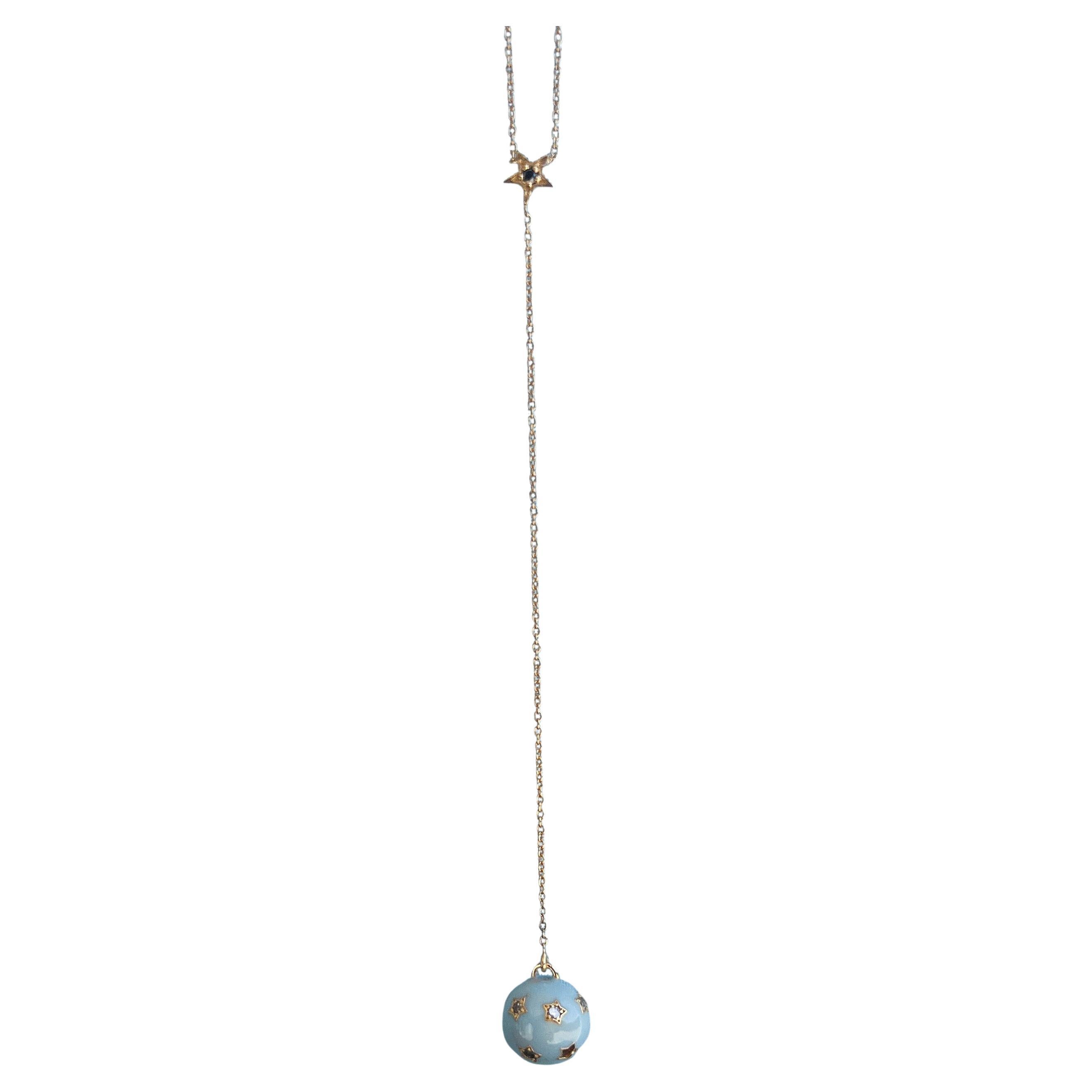 Collier sphère étoilée diamants blancs émail bleu ciel - pendentif goutte céleste en vente