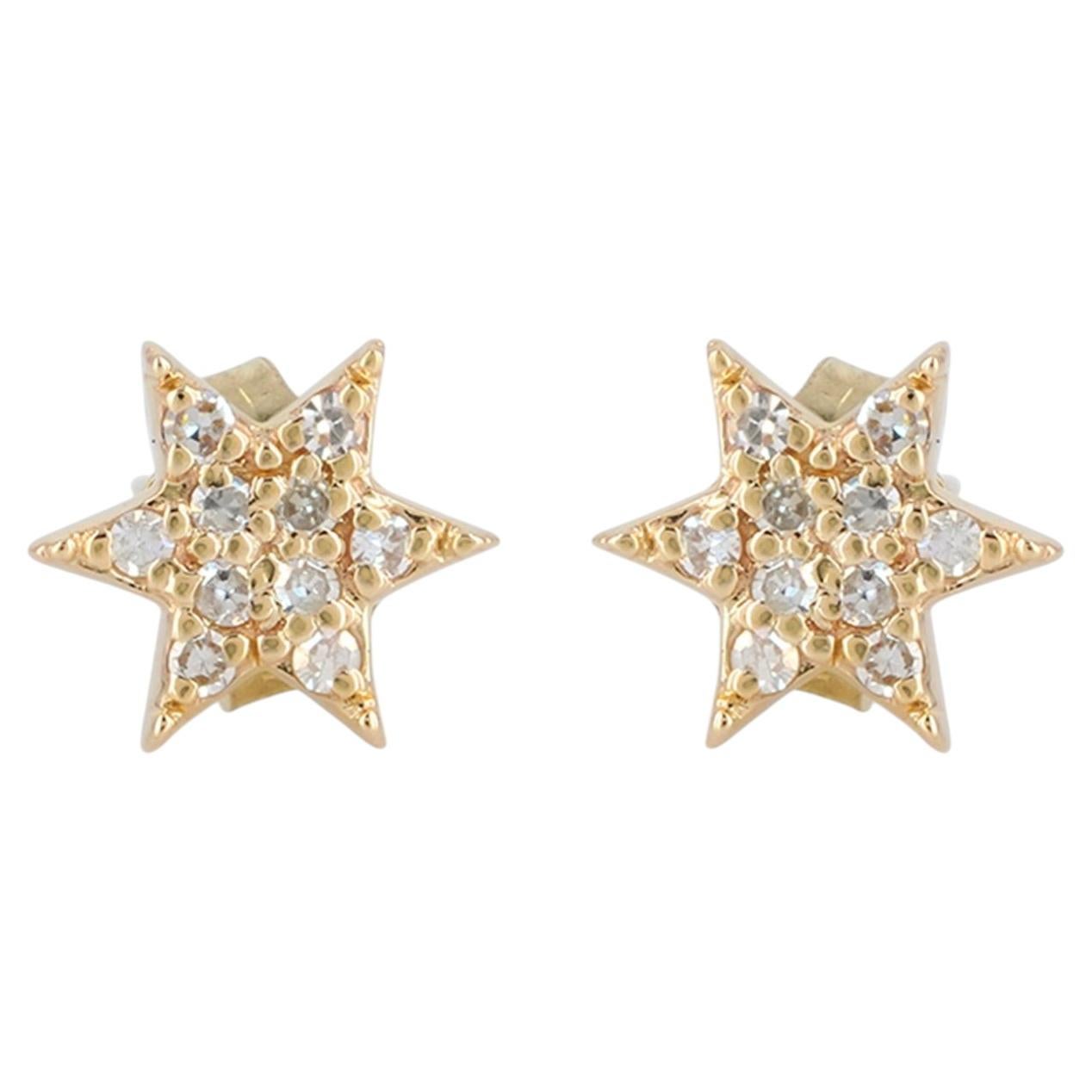 Star Studs Solid 14k Yellow Gold Jewelry Genuine White Diamond Dainty Earring