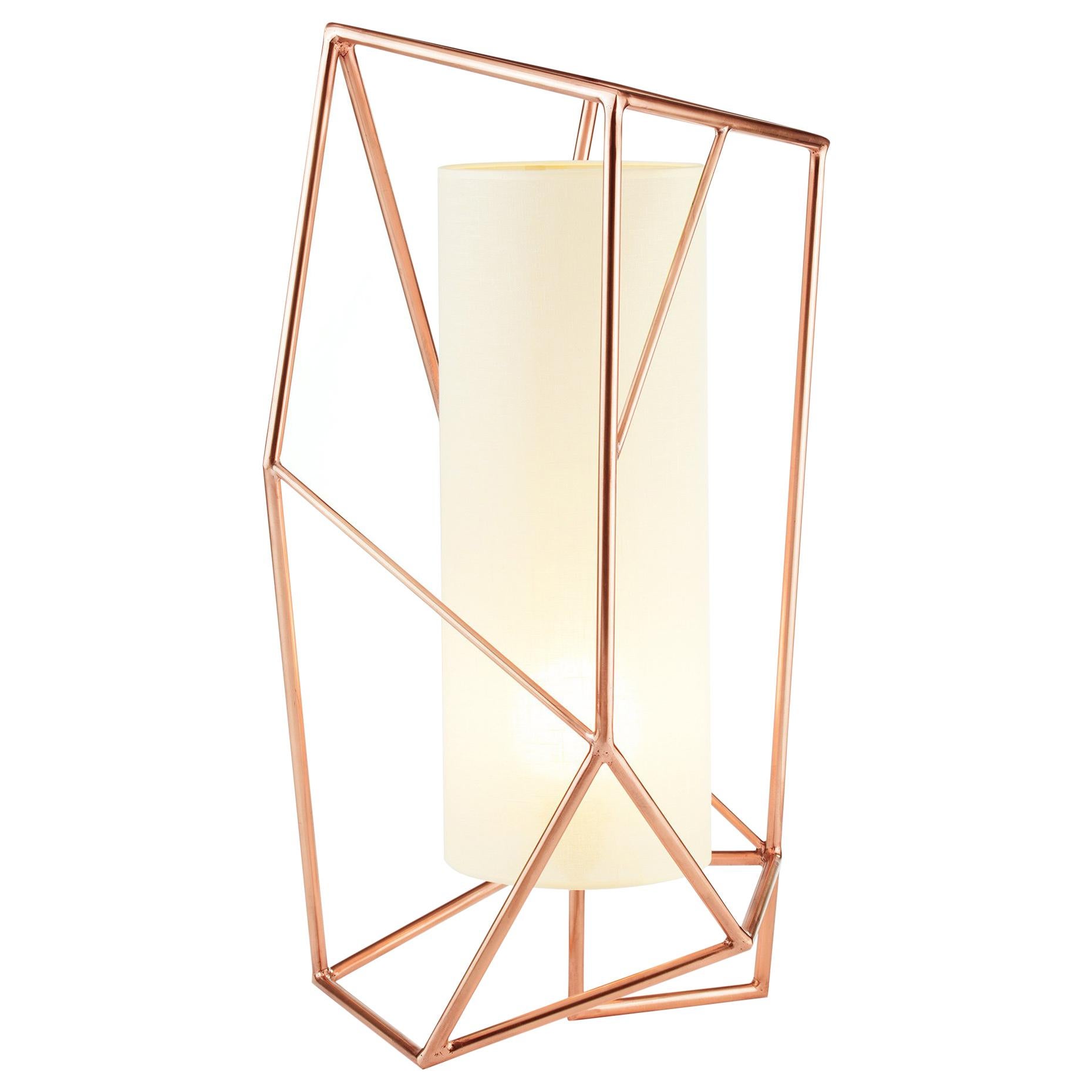 Art Deco Inspired Star Table Lamp Polished Copper and Linen Shade For Sale
