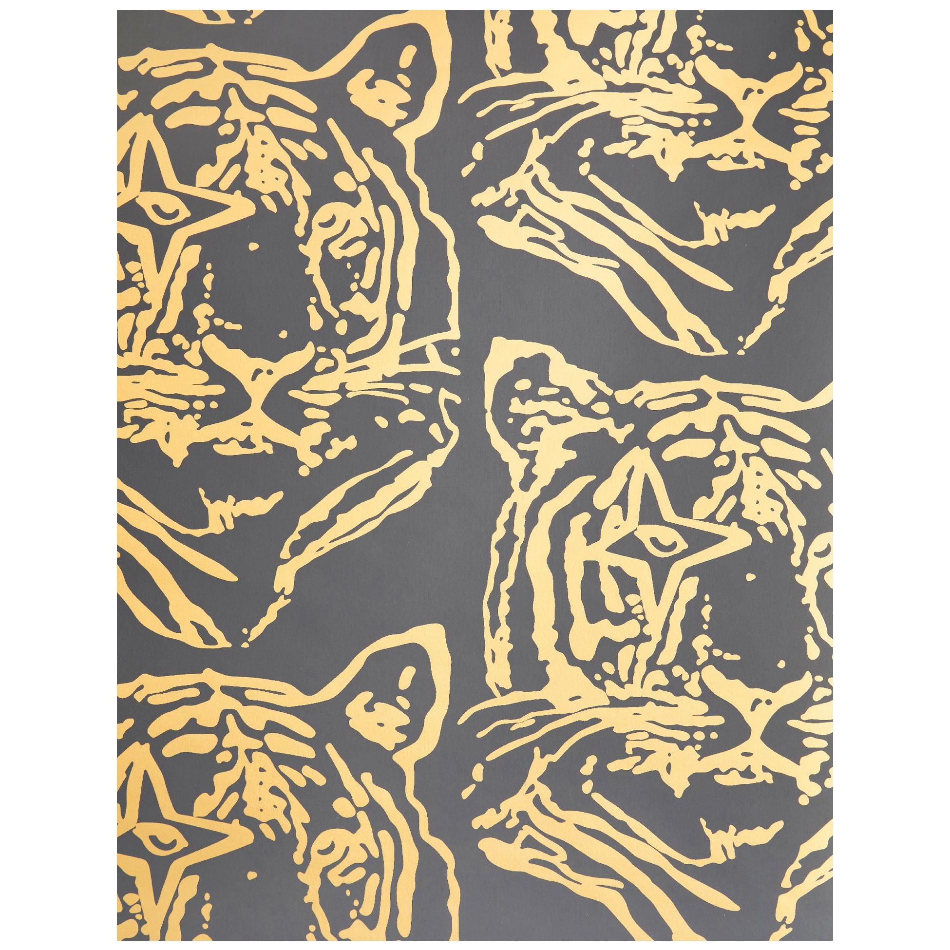 Star Tiger Designer Wallpaper in Eclipse 'Metallic Gold on Black' For Sale