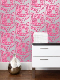 Star Tiger Designer Wallpaper in Neon 'Neon Pink on Metallic Silver Mylar'