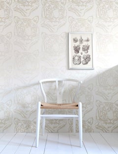Star Tiger Designer Wallpaper in Mist 'Pearlescent Metallic on Soft White'