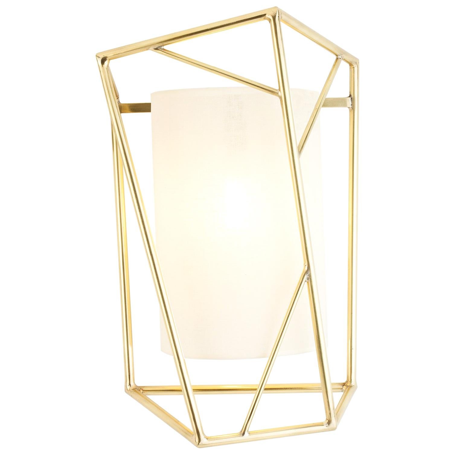 Art Deco Inspired Star Wall Sconce Polished Brass and Linen Shade