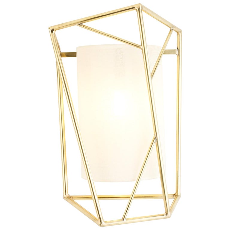 Art Deco Inspired Star Wall Sconce Polished Brass and Linen Shade For Sale