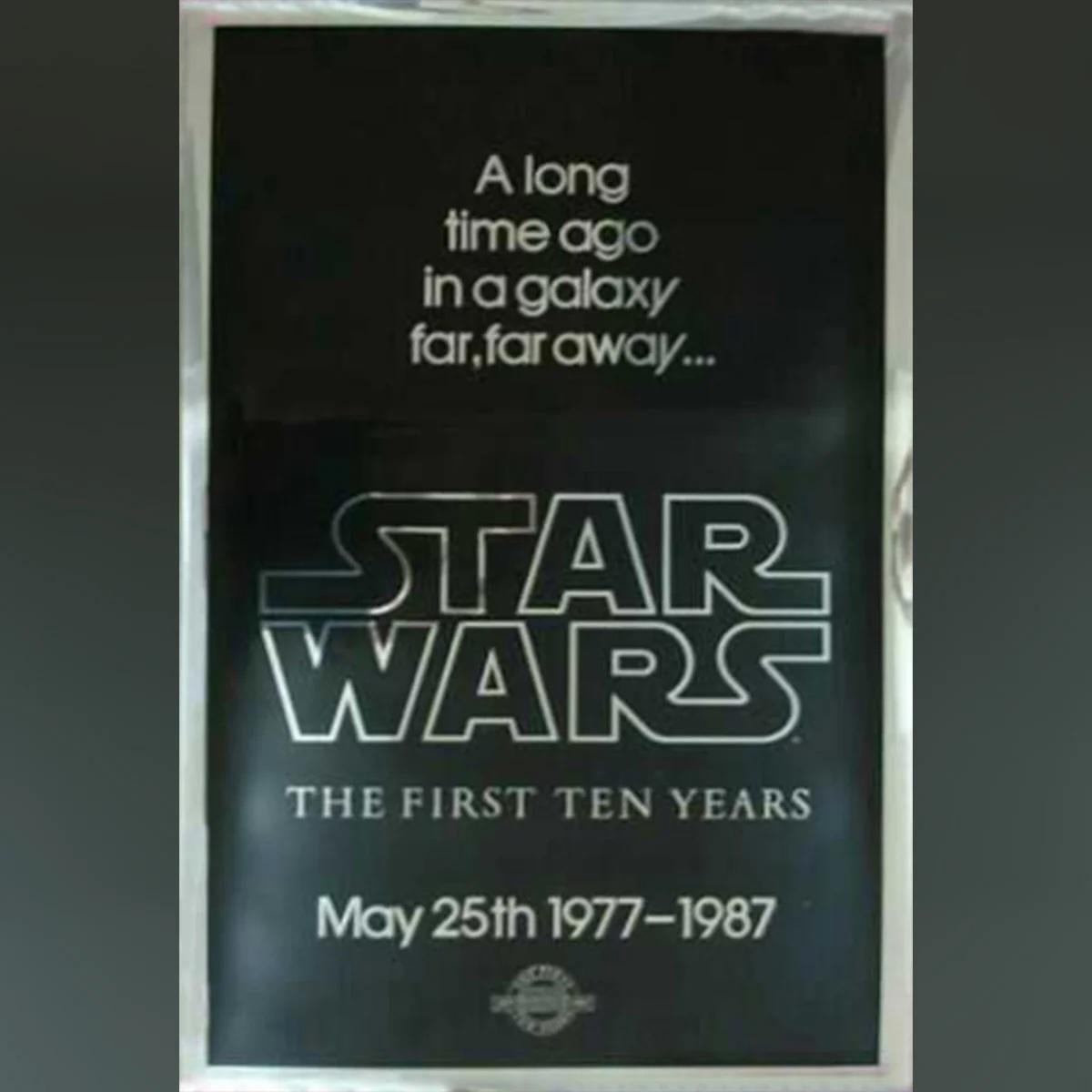 Star Wars 10. Jahrestag der Star Wars
Original ein Blatt (27 x 40 Zoll)

Dies ist ein Silbermylar-Poster zum 10. Jahrestag des Studios, lizenziert und urheberrechtlich geschützt von Lucas Film Ltd, produziert von Kilian Enterprises, limitierte