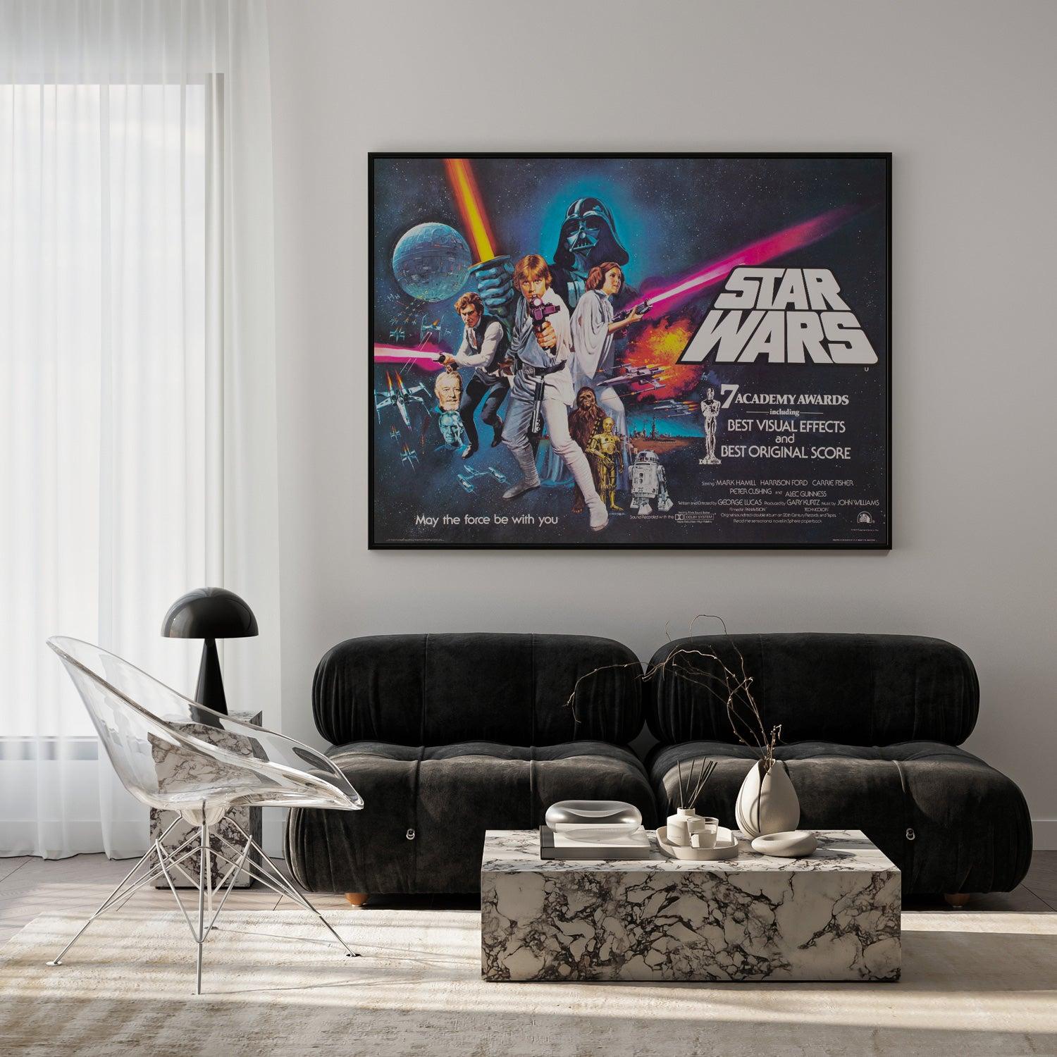 The fabulous Star Wars Style C Quad Oscars film poster with the iconic artwork by Tom Chantrell. Chantrell was tasked with enhancing the star appeal and the merchandising opportunities for Fox and George Lucas and he certainly delivered with this