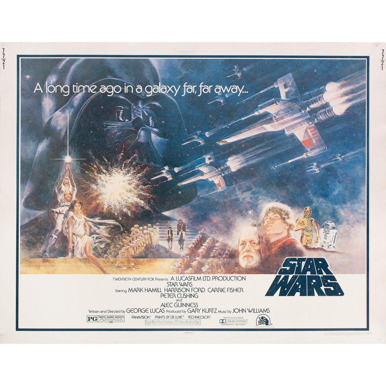 Original 1977 U.S. half sheet poster by Tom Jung for the film Star Wars (A New Hope) directed by George Lucas with Mark Hamill / Harrison Ford / Carrie Fisher / Alec Guinness / Peter Cushing. Very Good-Fine condition, rolled with pinholes. Please