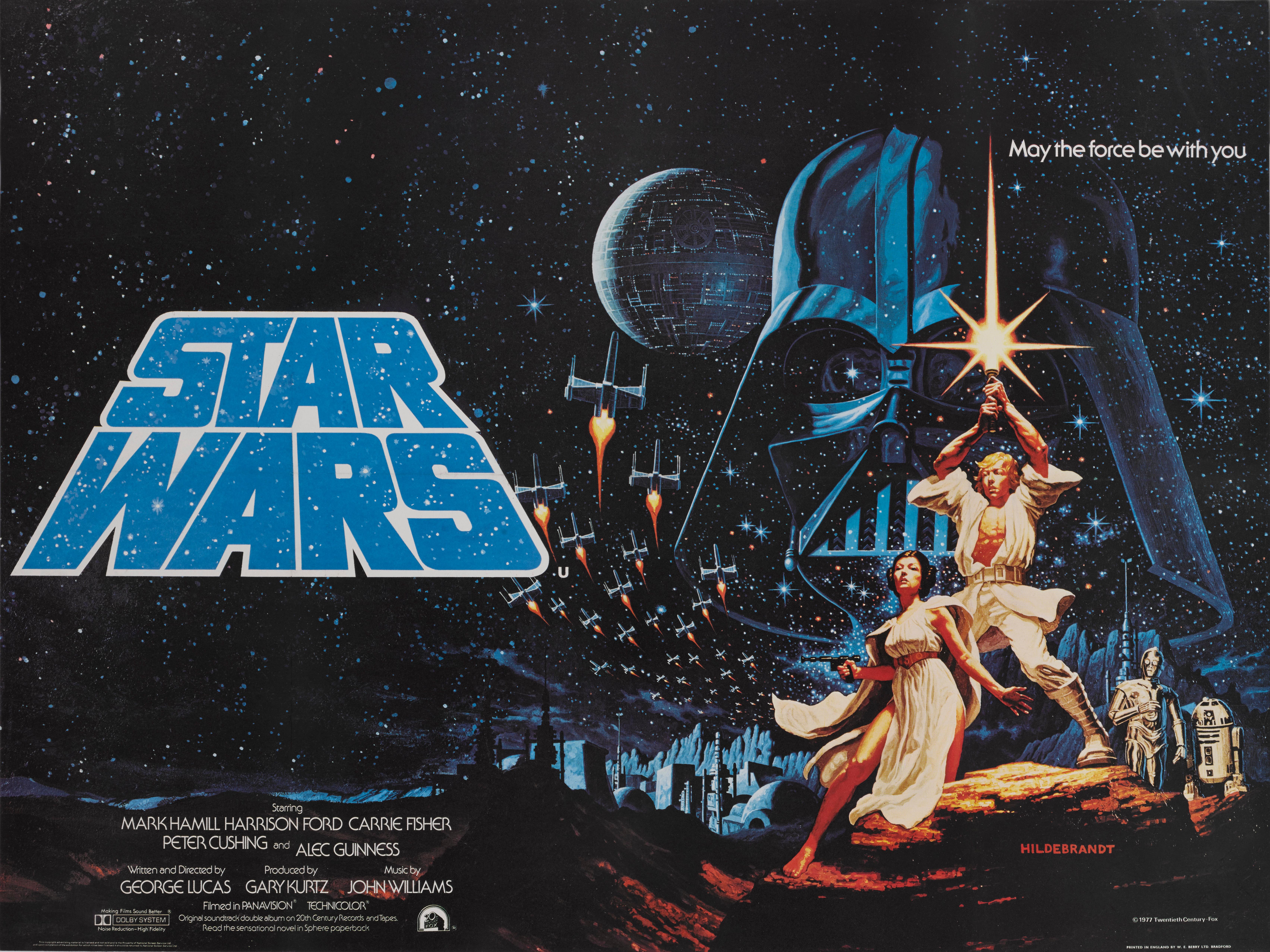 Original British film posters for Star Wars 1977.
The film was directed by George Lucas and starred Mark Hamill, Harrison Ford, Carrie Fisher.
This Hildebrandt Brothers poster is one of the rarer British posters on this title, as far fewer of this