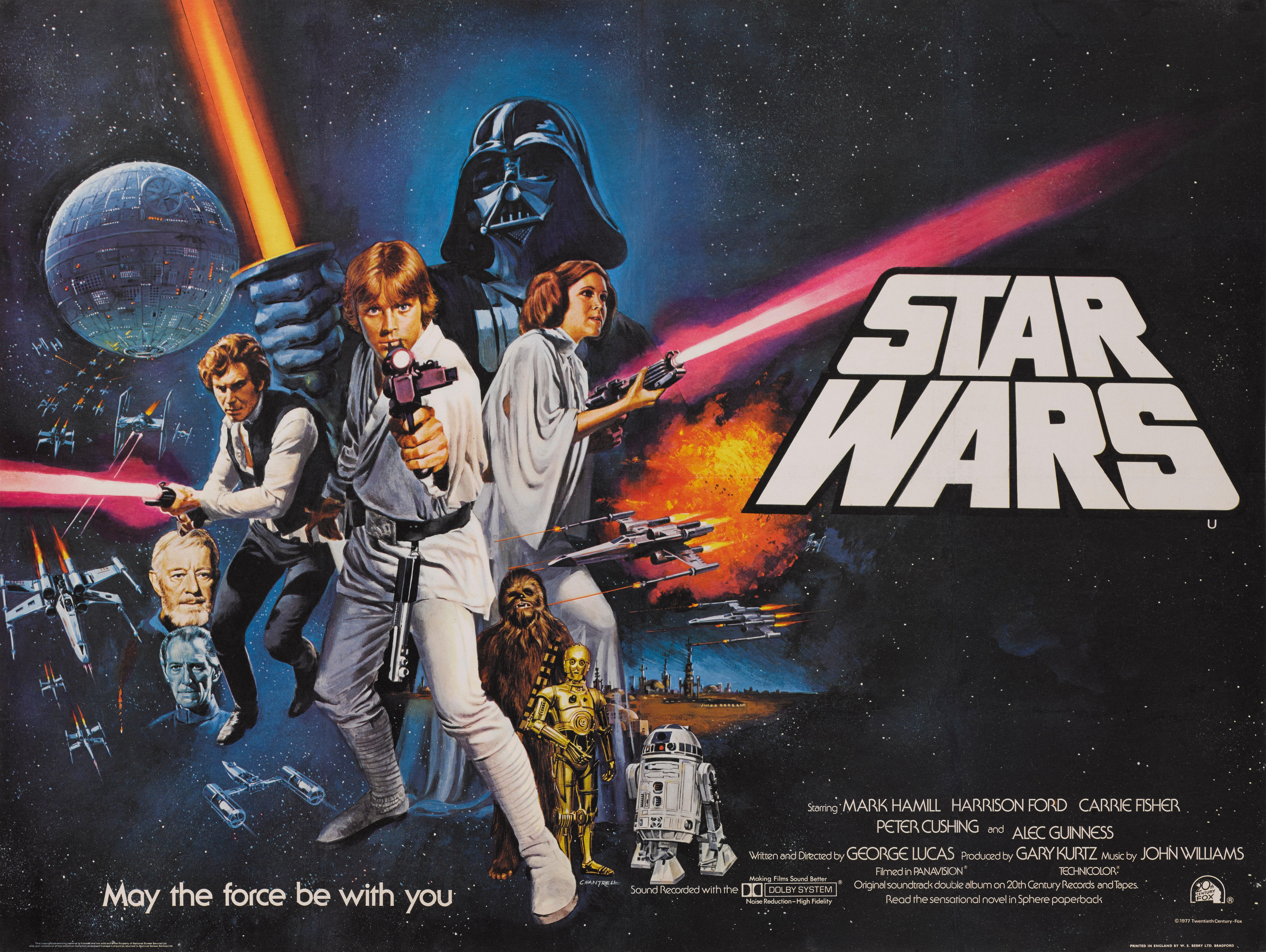Original British film poster for Star Wars 1977.
George Lucas commissioned Tom William Chantrell (1916-2001) to design this British poster. Lucas liked the final result so much that he used it for the American style C poster. However, it was
