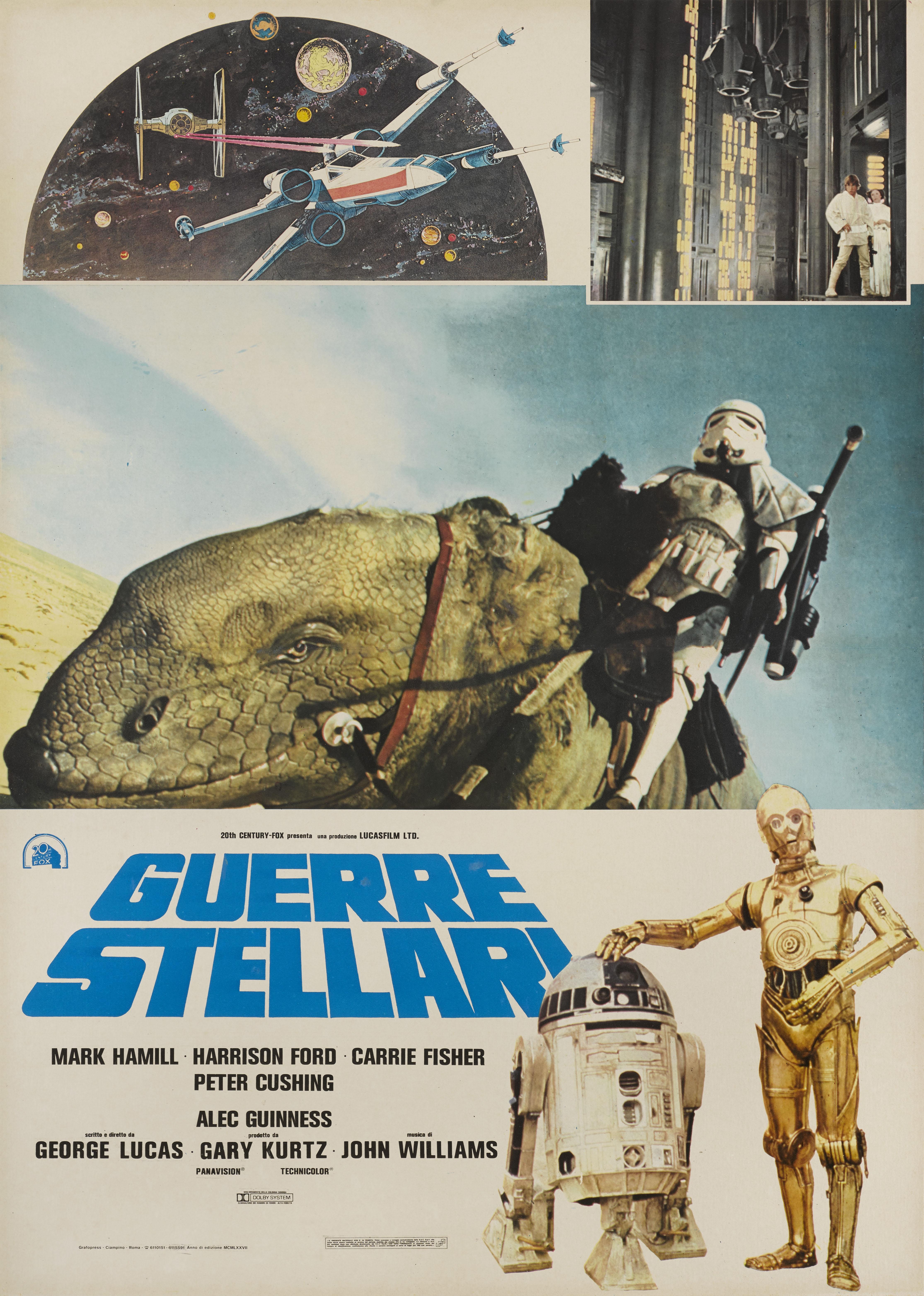 Original Italian film poster for Star Wars 1977.
The film was directed by George Lucas and starred Mark Hamill, Harrison Ford, Carrie Fisher.
This poster is linen backed and would be shipped rolled in a strong tube.