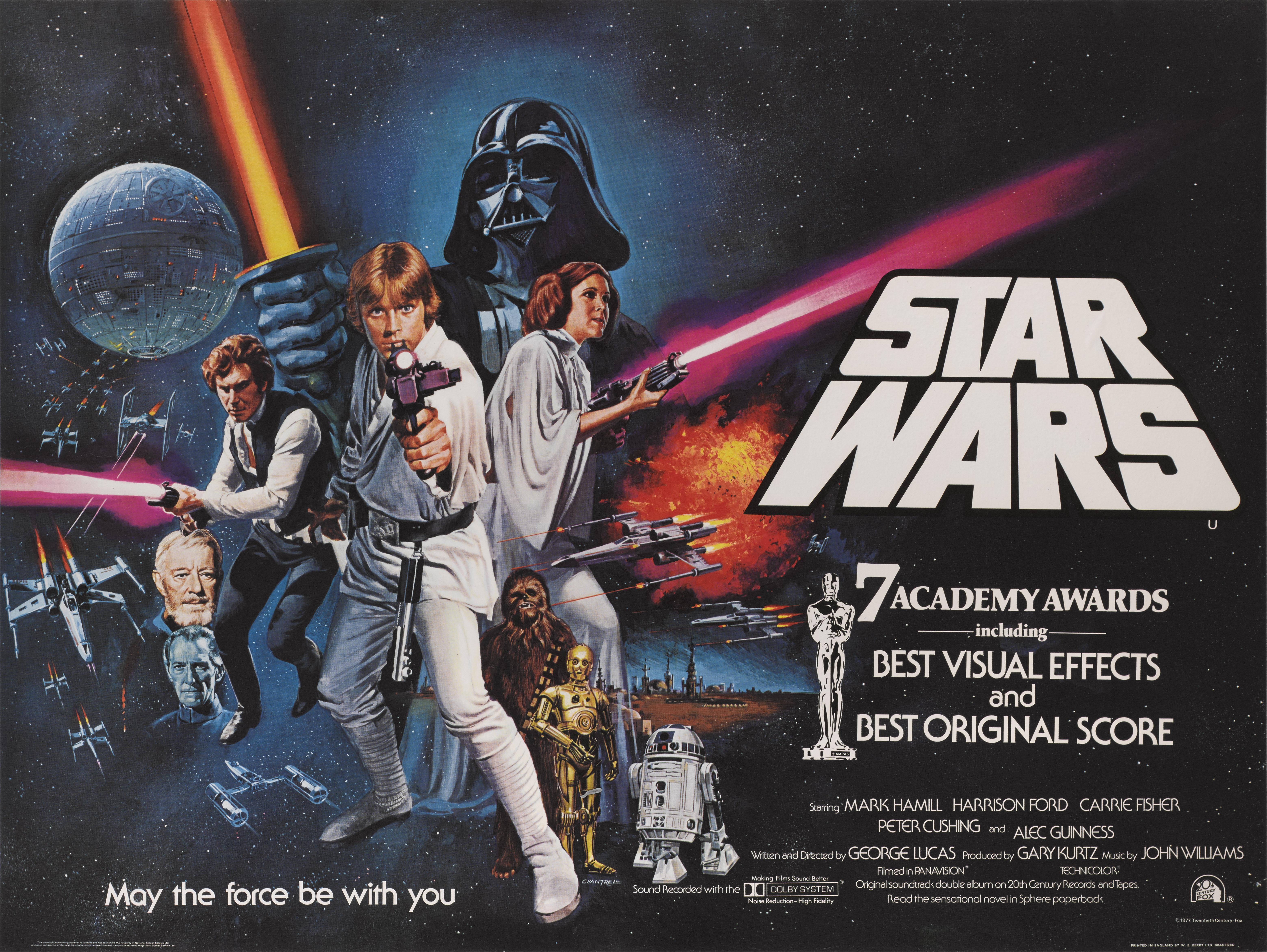 Original British film poster for Star Wars 1977.
George Lucas commissioned Tom William Chantrell (1916-2001) to design this British poster. Lucas liked the final result so much that he used it for the American style C poster. However, it was