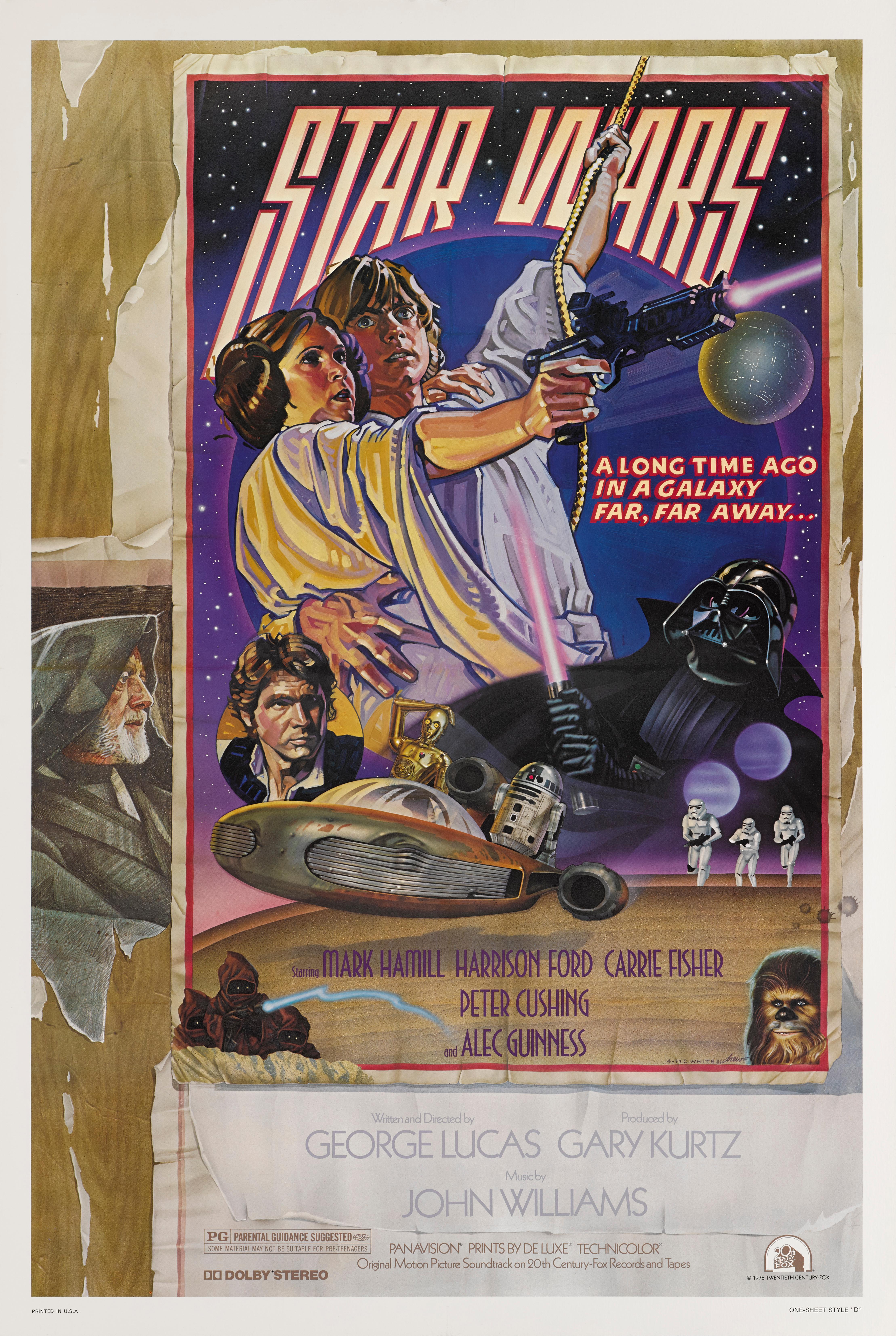 Cartel original de la película La guerra de las galaxias (D and A Style, 1977).
La película fue dirigida por George Lucas y protagonizada por Mark Hamill, Harrison Ford y Carrie Fisher.
Las ilustraciones de este cartel de estilo D son obra de Drew