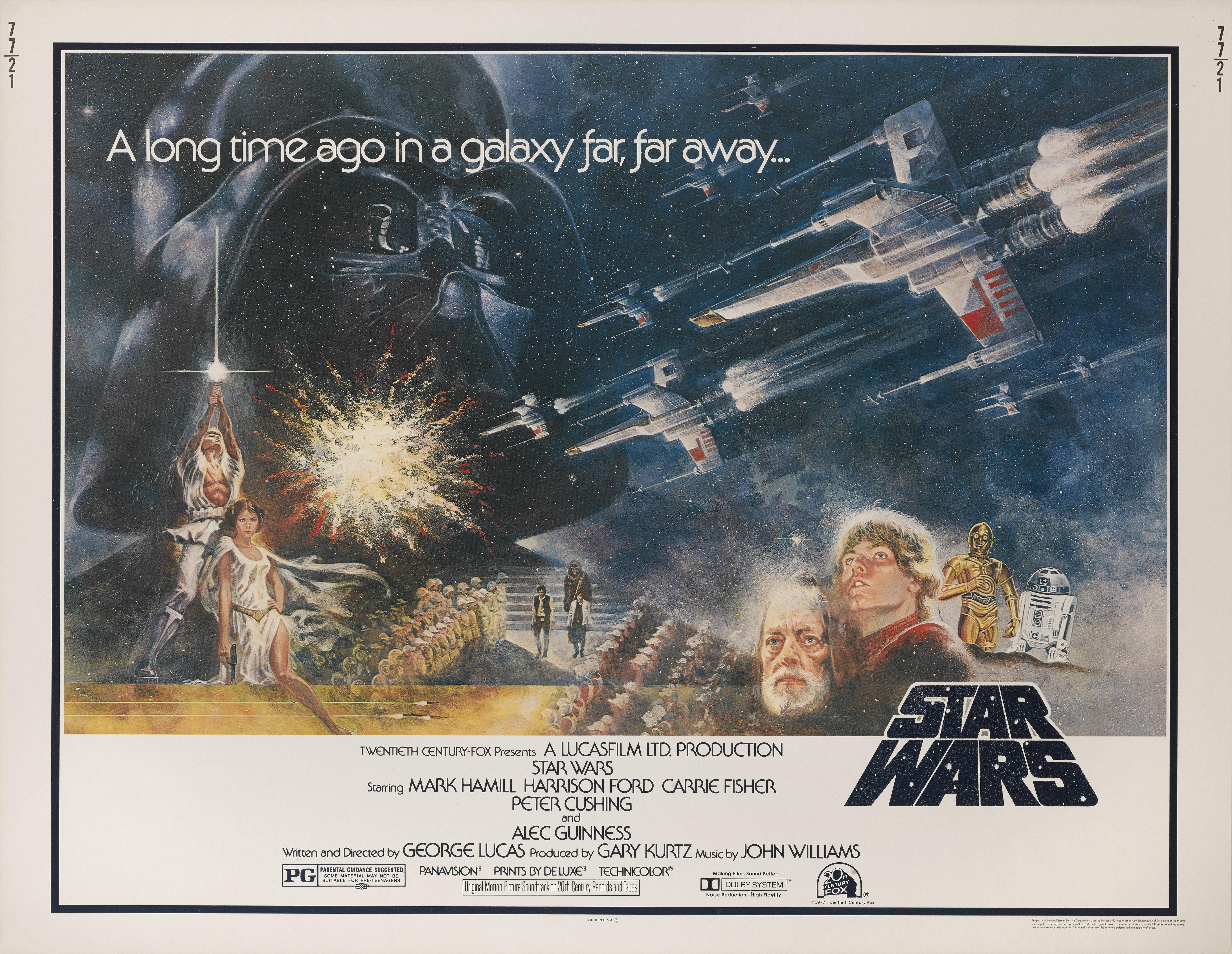 Original US-Filmplakat für Star Wars 1977.
Der Film wurde unter der Regie von George Lucas gedreht und mit Mark Hamill, Harrison Ford und Carrie Fisher besetzt.
Das Kunstwerk auf diesem Plakat stammt von Tom Jung (geb. 1942)
Dieses Poster ist  in