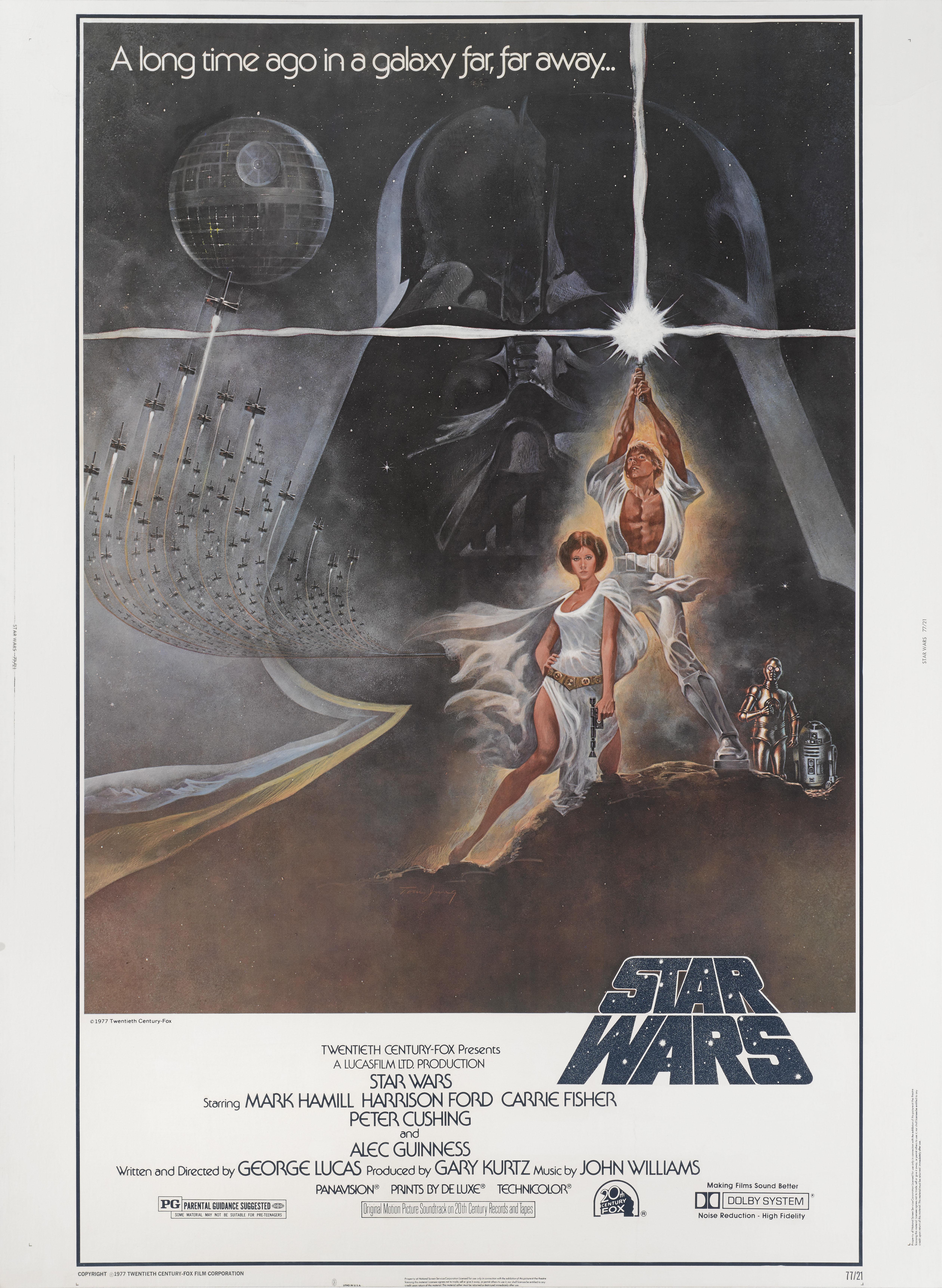 Original US film posters for Star Wars 1977.
The film was directed by George Lucas and starred Mark Hamill, Harrison Ford, Carrie Fisher.
This size poster was designed for drive in film theaters and special displays, it was distributed unfolded and