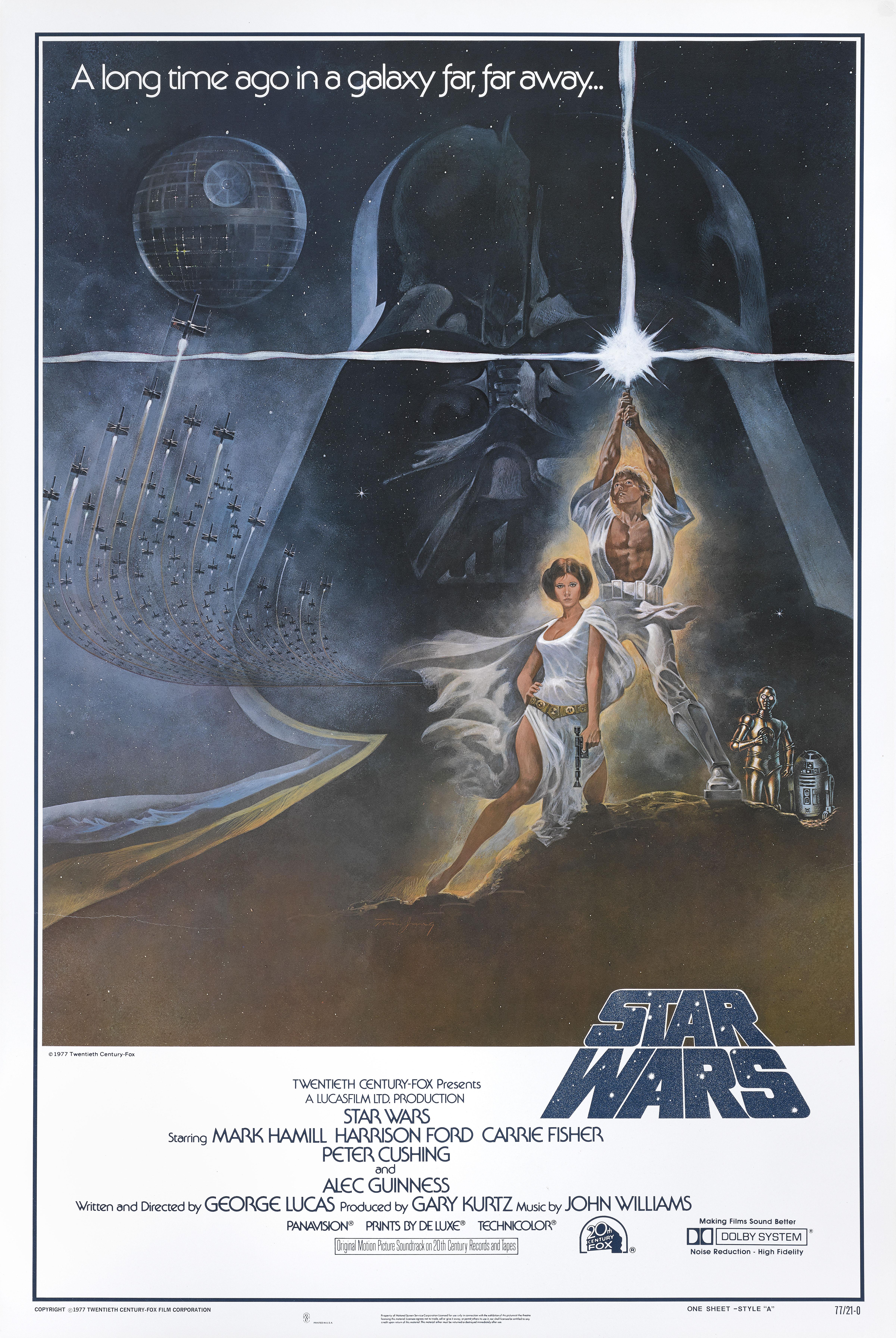 Affiches originales américaines pour Star Wars 1977. Style international A, première impression 77/21-0 
Le film a été réalisé par George Lucas et met en vedette Mark Hamill, Harrison Ford, Carrie Fisher.
En raison de l'immense popularité de ce