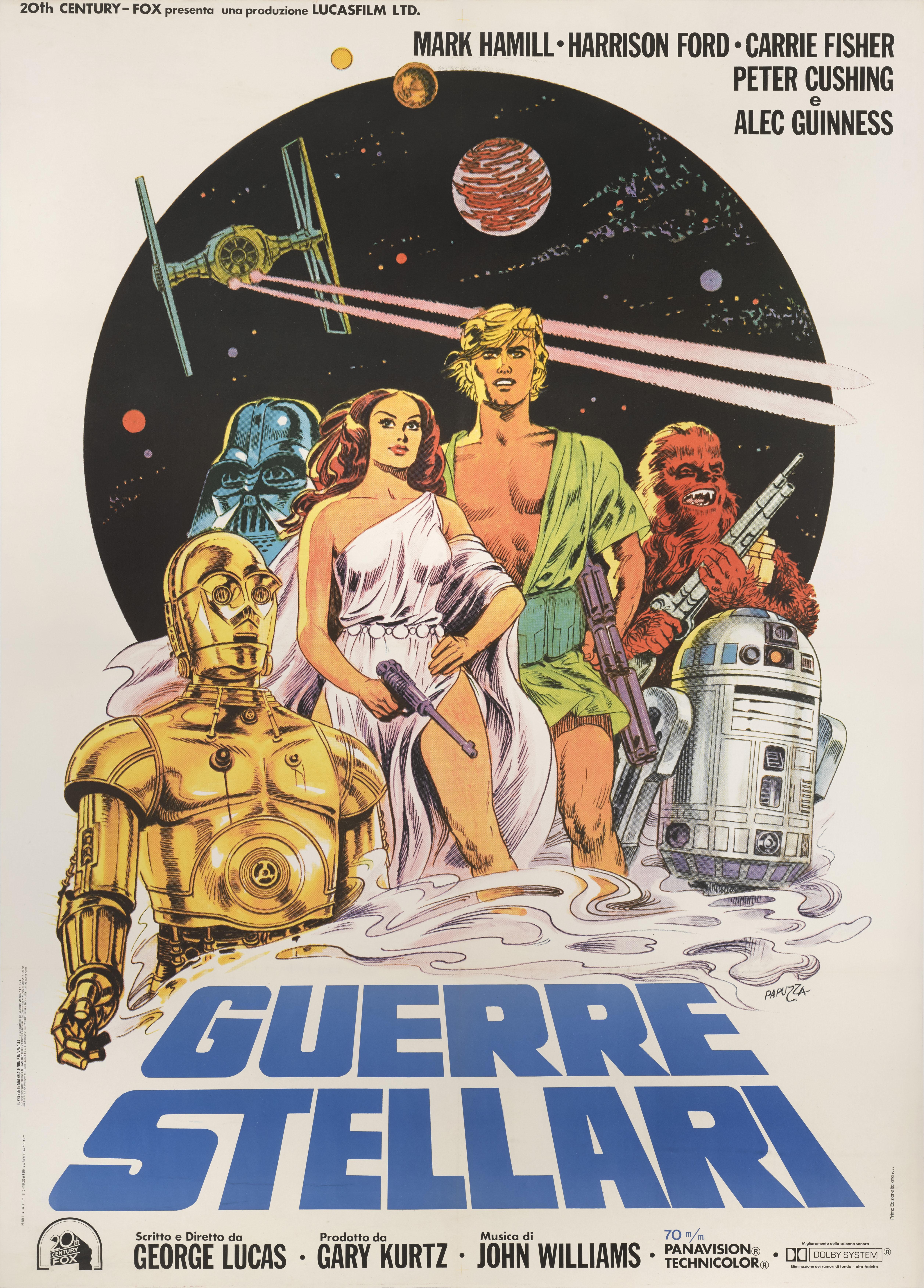 Original Italian film poster for Star Wars 1977.
The film was directed by George Lucas and starred Mark Hamill, Harrison Ford, Carrie Fisher. The coulourful artwork on this poster was designed by Michelangelo Papuzza (dates unknown) and is unique