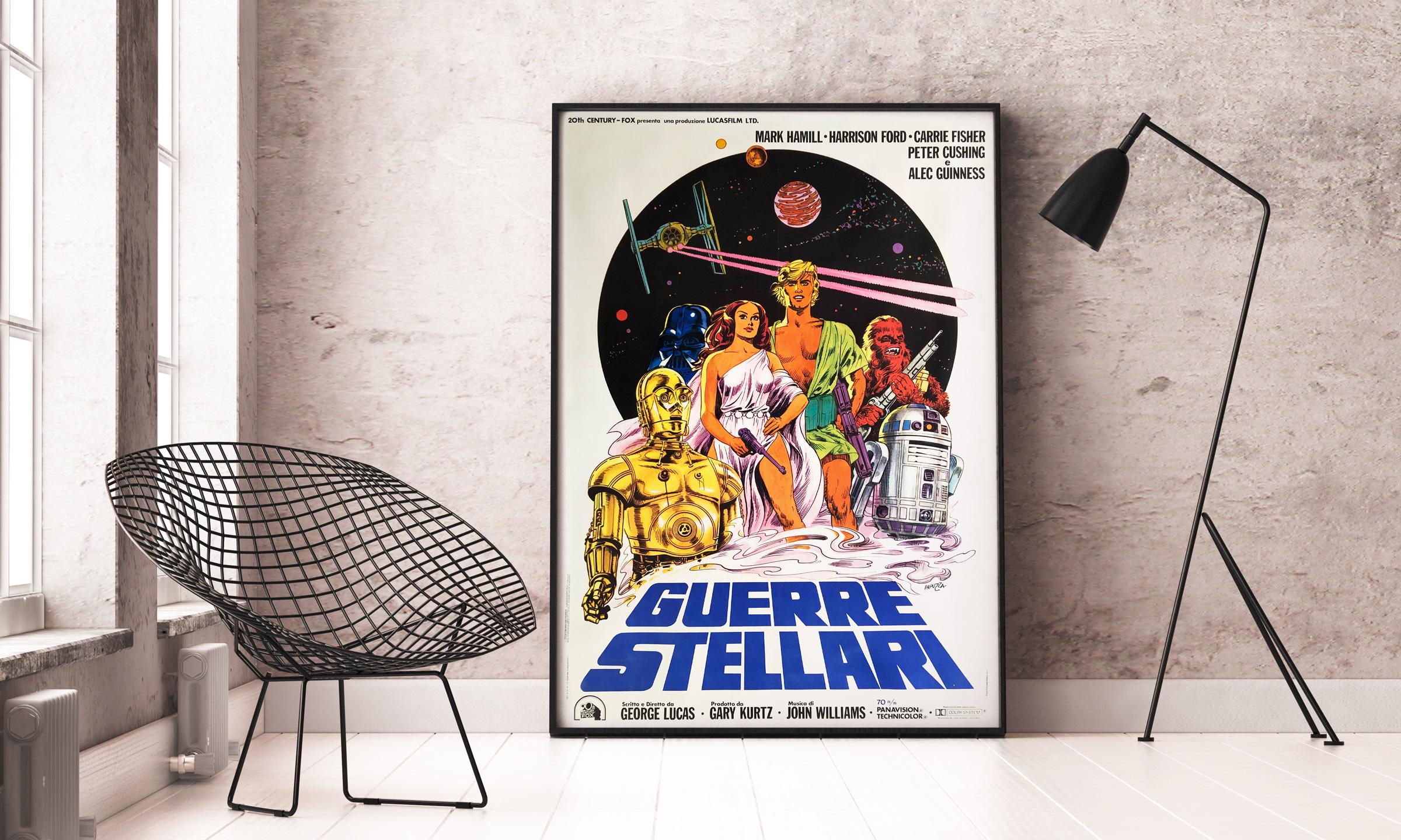 Michelangelo Papuzza's super cool and stylised design for the Italian two sheet vintage film poster (39 x 55 inches). Works particularly well on the large-scale of this movie poster. 

This vintage movie poster has been professionally linen-backed