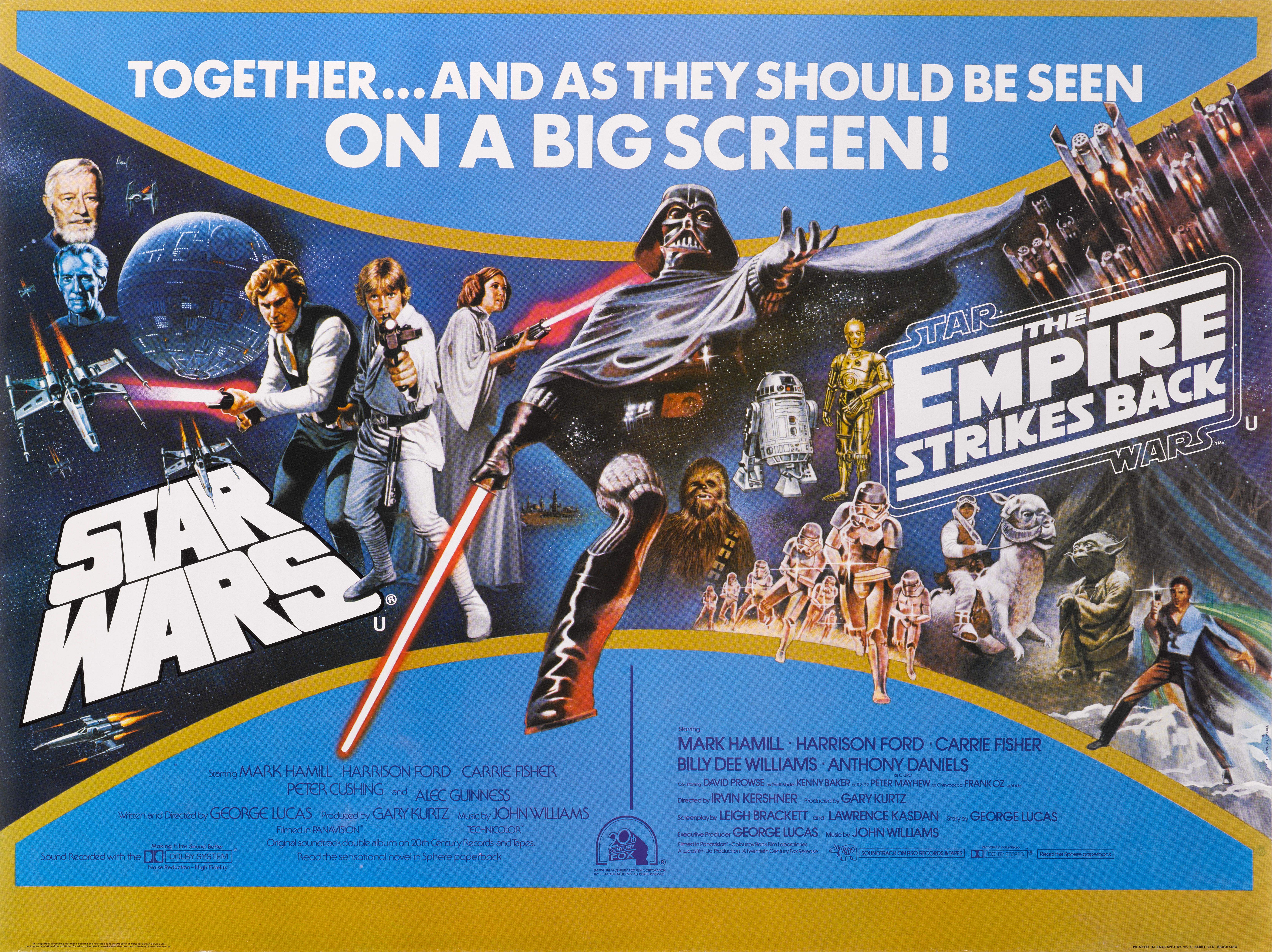 Original British double bill film poster for Star Wars and The Empire Strikes Back.
Both films starred Mark Hamill, Harrison Ford, Carrie Fisher.
This poster is unfolded and would be shipped rolled in a strong tube.