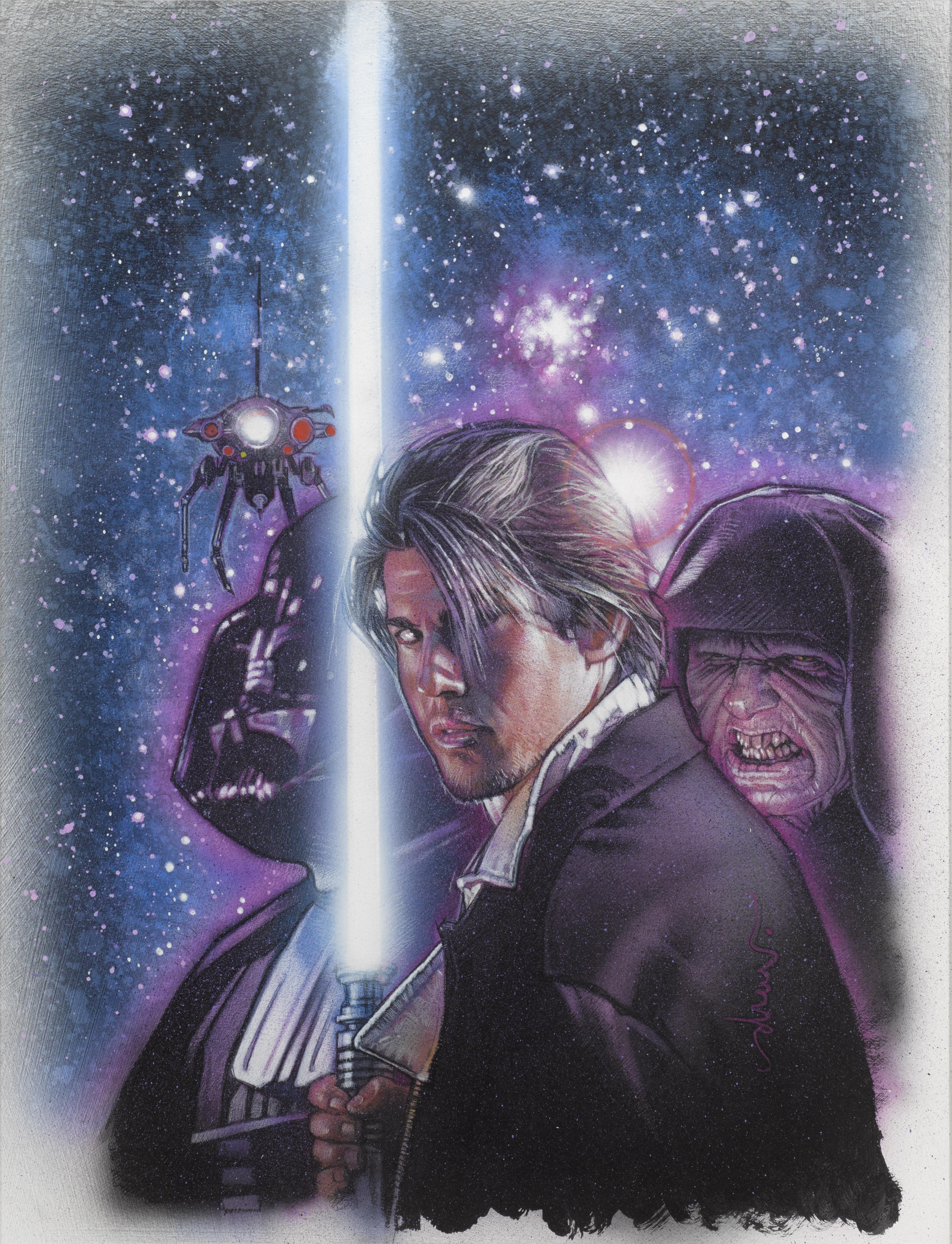 Original US Cover art Mixed media on illustration board.
This original artwork by the legendary American artist/illustrator Drew Struzan was created for the book cover of Star Wars: The Last of the Jedi book 6 Return of the Dark Side, as part of a