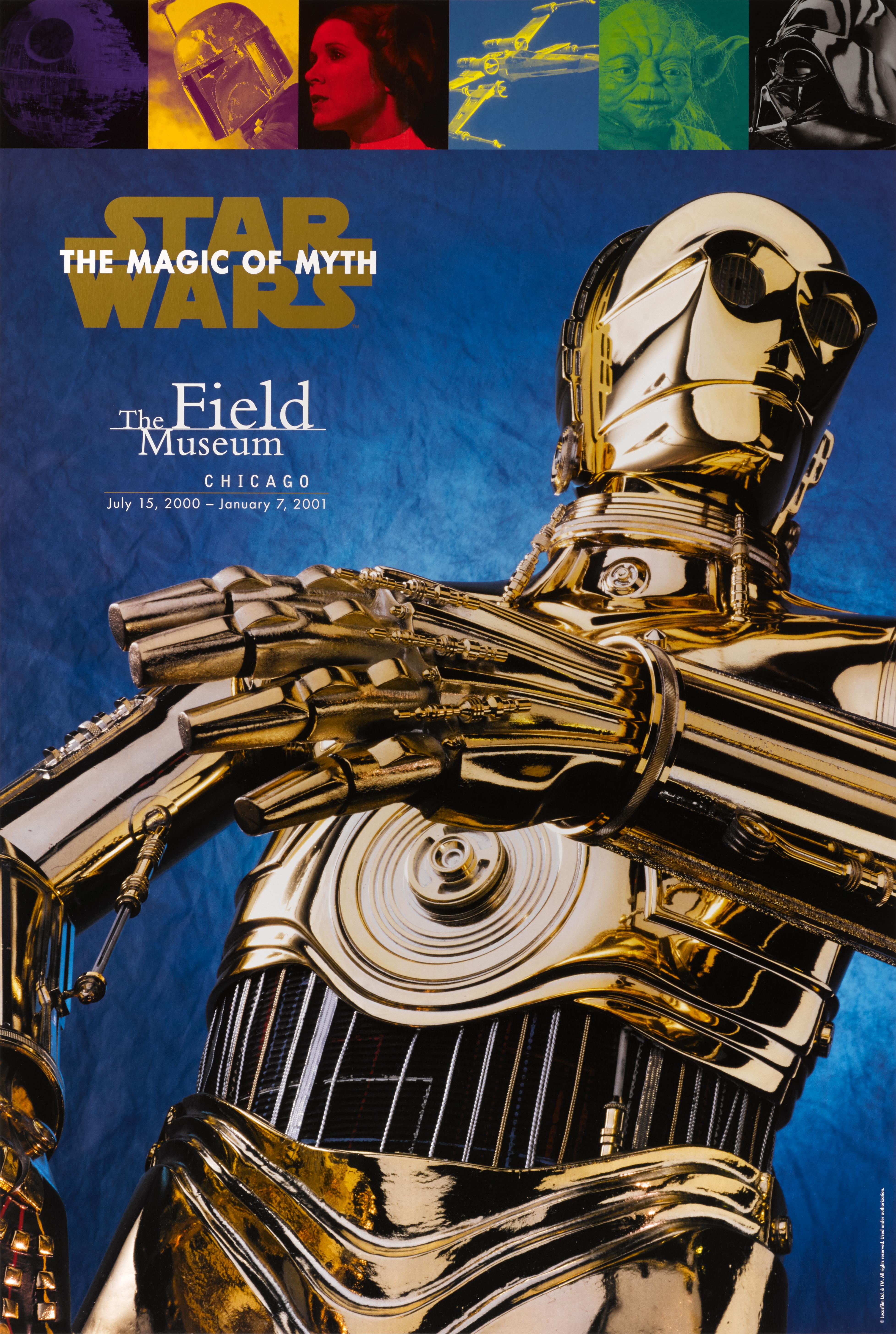 Affiche originale américaine pour une exposition intitulée Star Wars : The Magic of Myth qui s'est tenue au Field Museum de Chicago du 15 juillet 2000 au 7 janvier 2001.
Cette affiche est doublée de toile de conservation et, une fois dépliée, elle