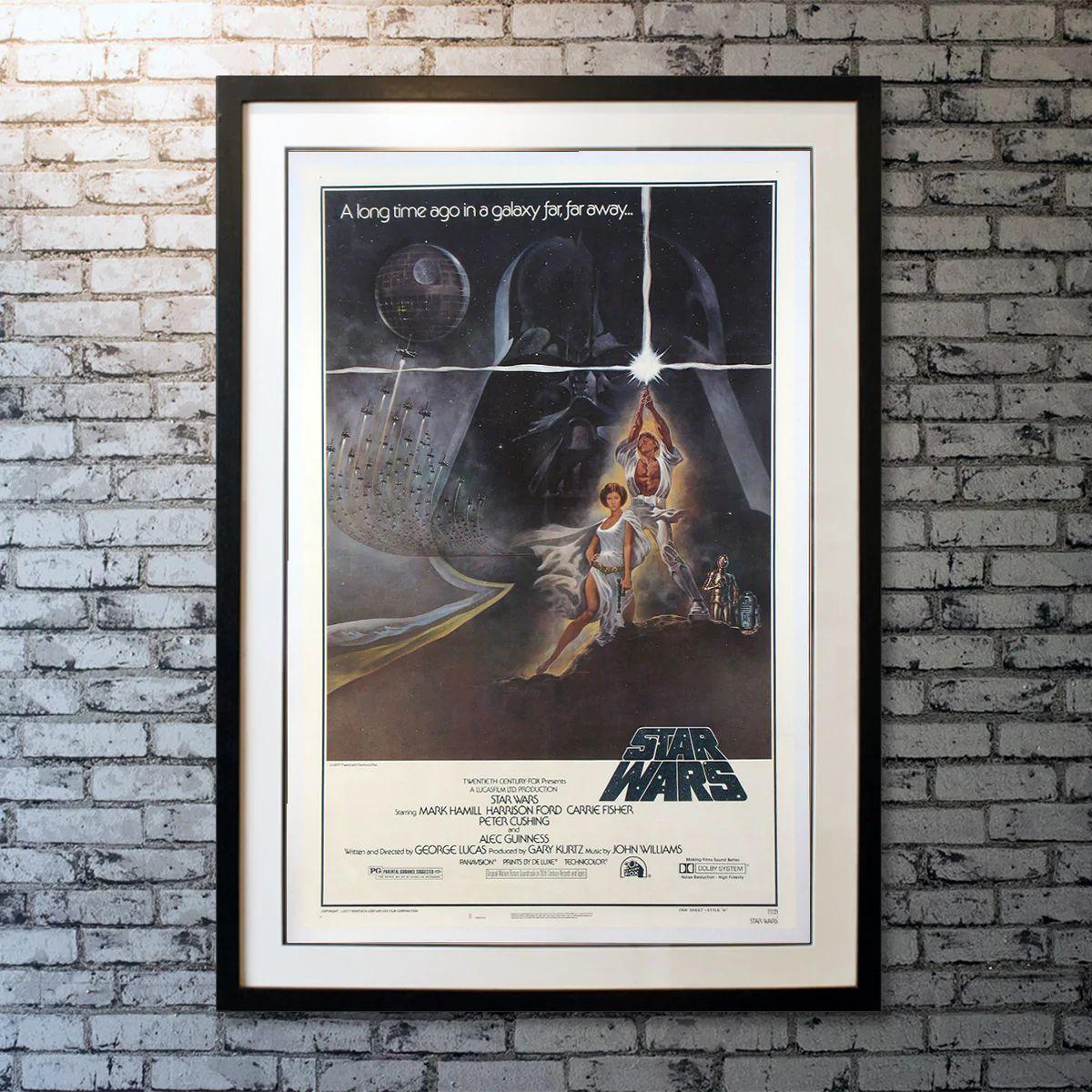 Star Wars, Unframed Poster, 1977

Luke Skywalker joins forces with a Jedi Knight, a cocky pilot, a Wookiee and two droids to save the galaxy from the Empire's world-destroying battle station, while also attempting to rescue Princess Leia from the