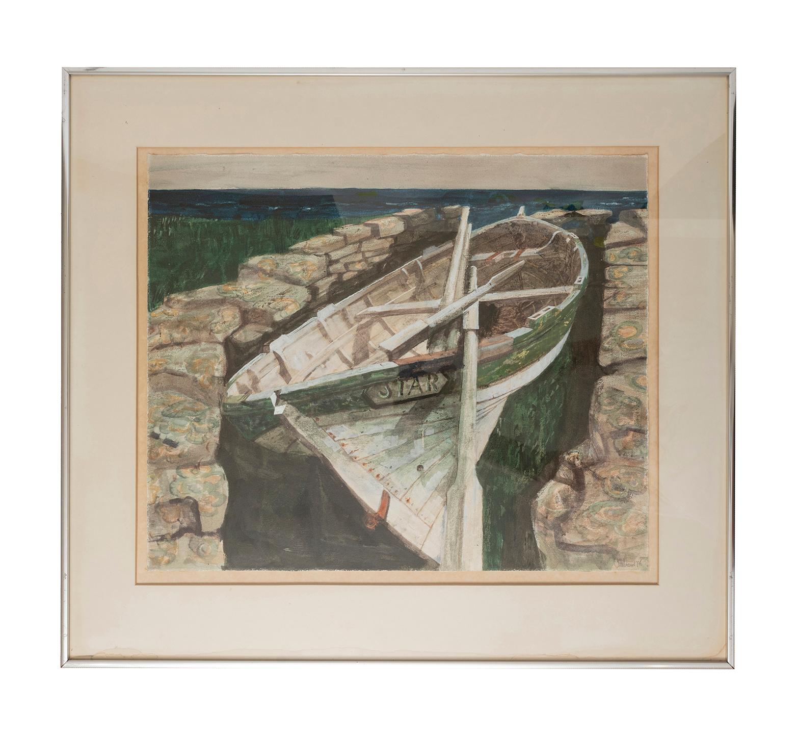 Star 1976, artists name indistinct possibly YHillbarel
Classic wooden fishing skiff in a harbour
Watercolour

Visible sheet 61cm.,24
